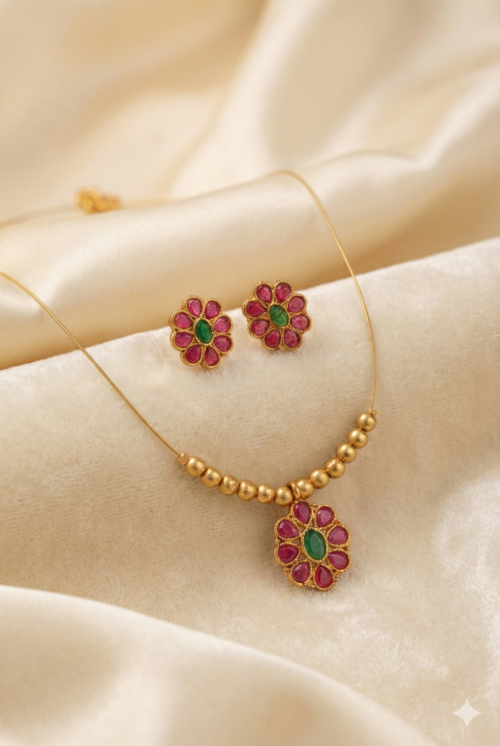 Invisible Floral Necklace Set with Earrings - Gold Plated Red Green Jewelry