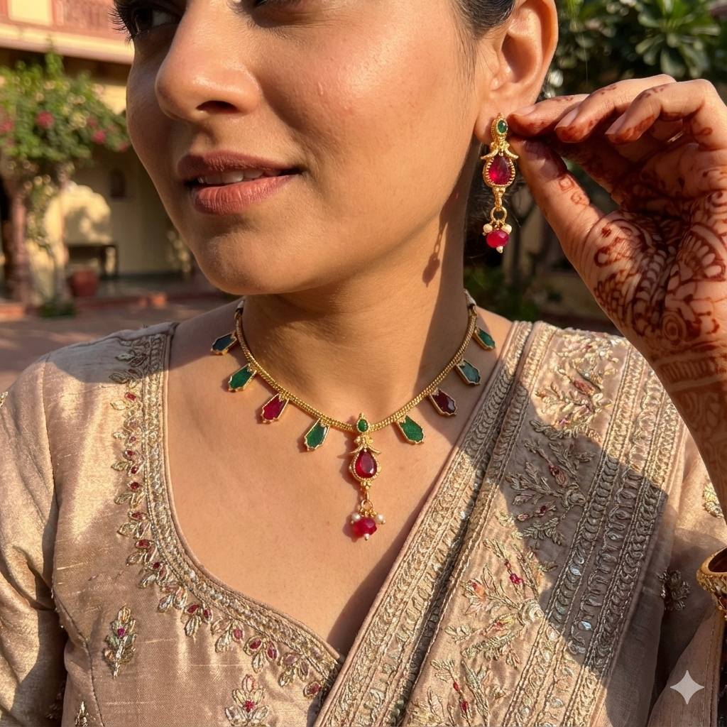 Premium 100% Copper Necklace Set with Geometric Charms & Oval Pendant | Red & Green