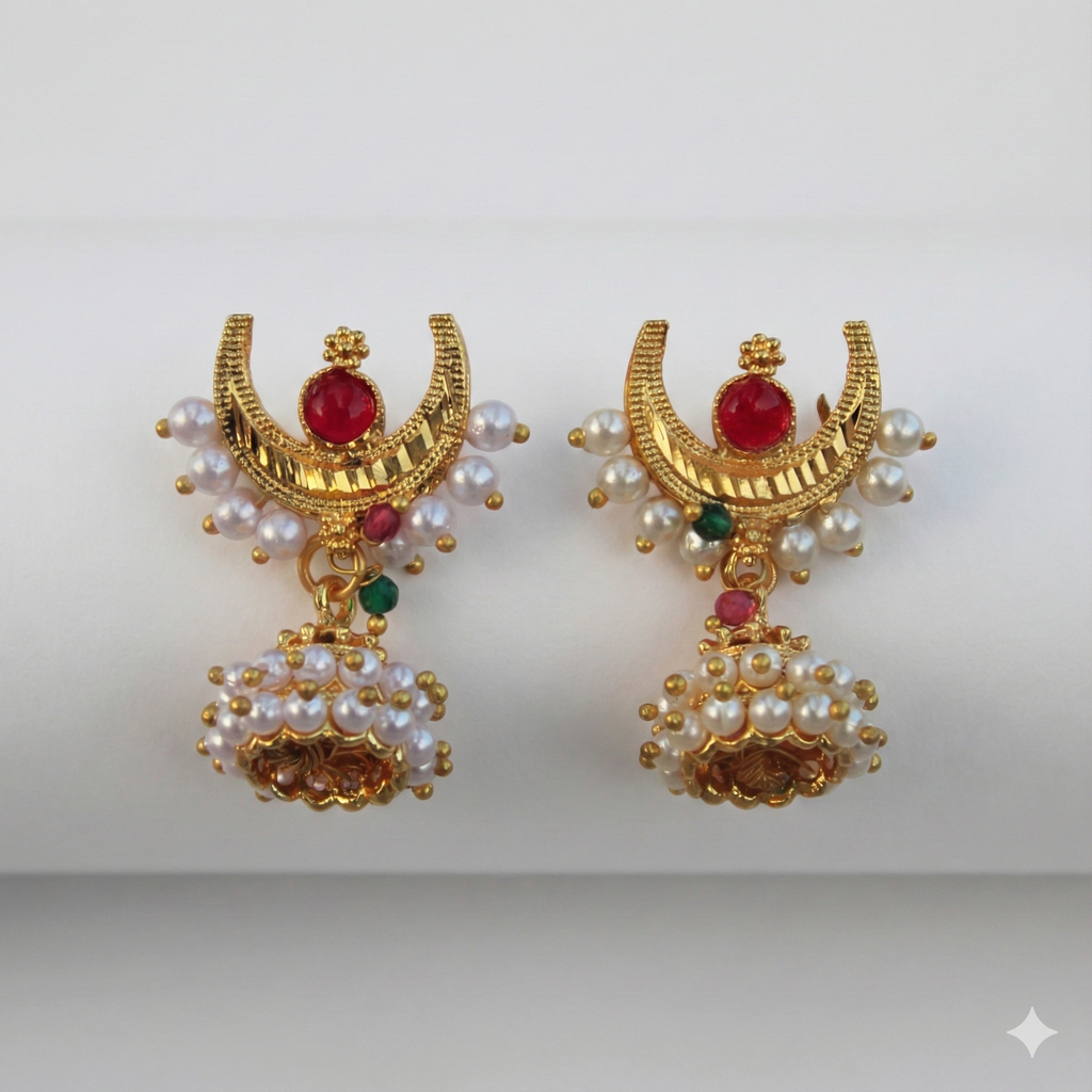 Traditional Gold Plated Pearl Jhumka Earrings | Metal Alloy Based Ethnic Jewellery