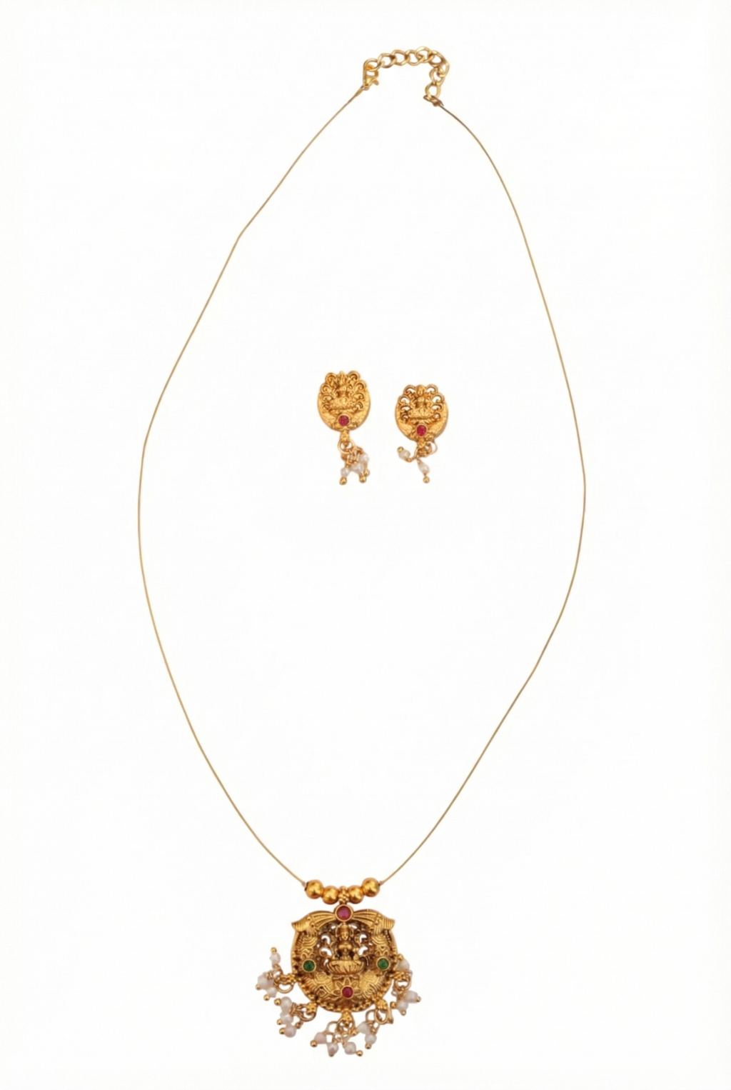 Invisible Temple Necklace Set with Earrings - Gold Plated Pearl Drop Jewelry