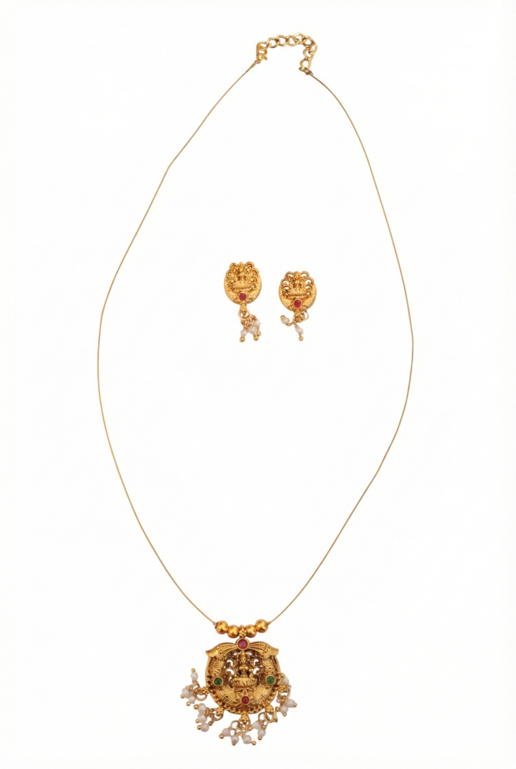 Invisible Temple Necklace Set with Earrings - Gold Plated Pearl Drop Jewelry