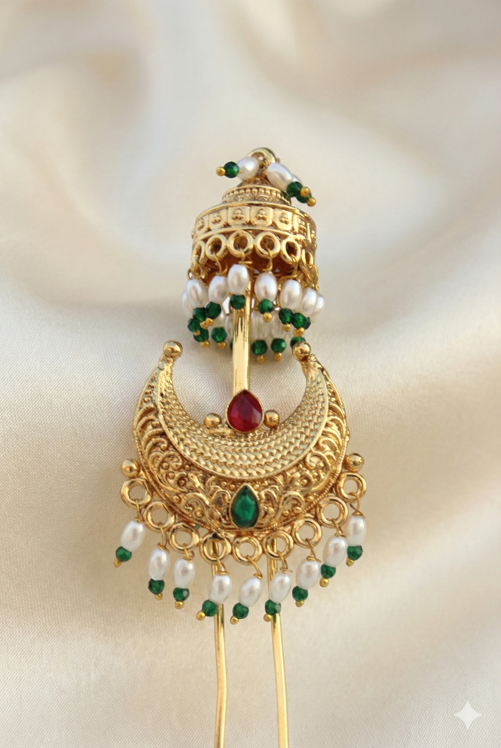 Premium Golden Khopa with Jhumka & Pearl Beads | Bridal Hair Pin