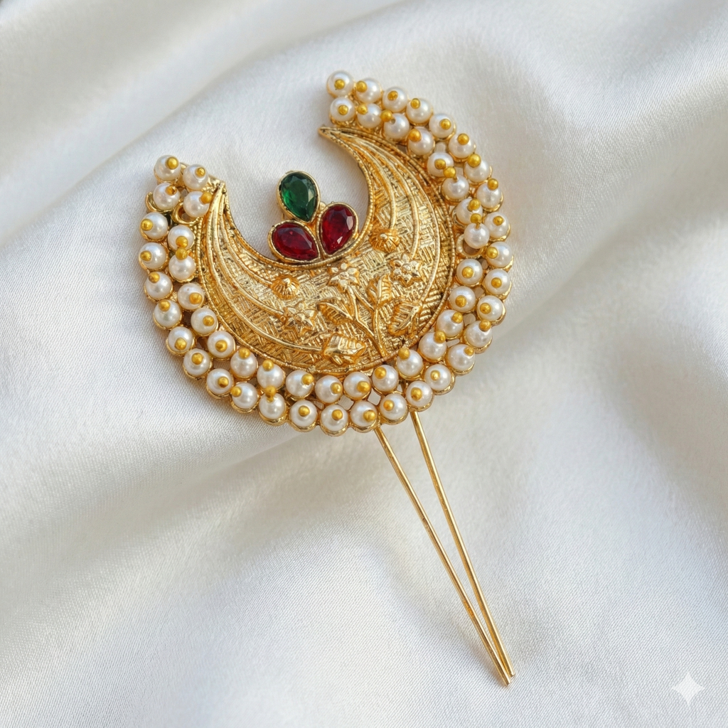 Traditional Crescent Moon Golden Khopa with Pearl Border | Hair Accessory