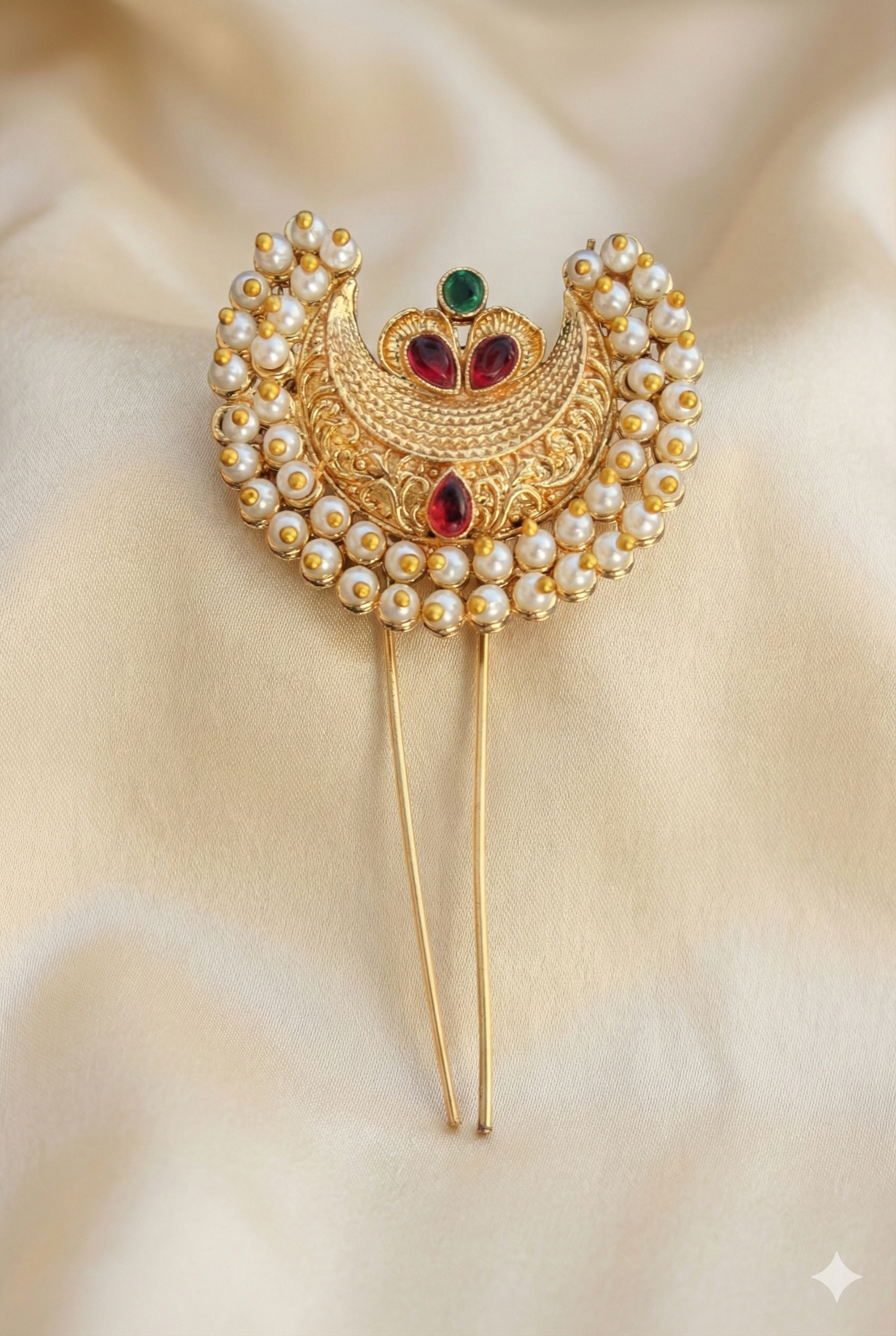 Golden Khopa Hair Accessory with Multi-Color Stones | Traditional Hair Pin
