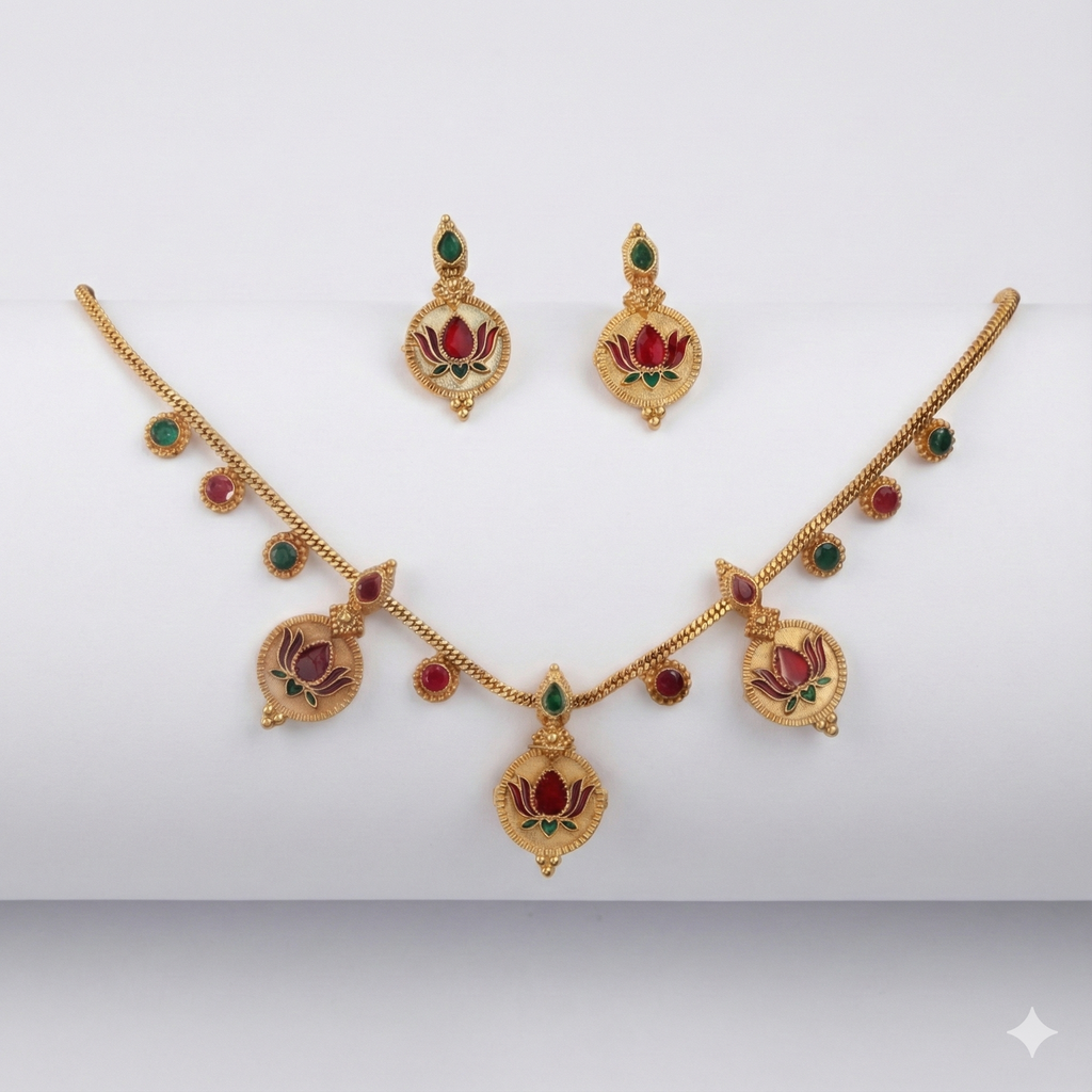 Premium 100% Copper Coin Necklace Set with Lotus Motif | Red & Green Stones