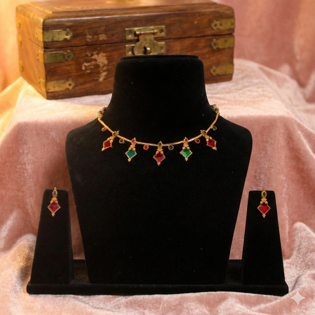 Premium 100% Copper Necklace Set with Diamond Charms | Geometric Red & Green Stones