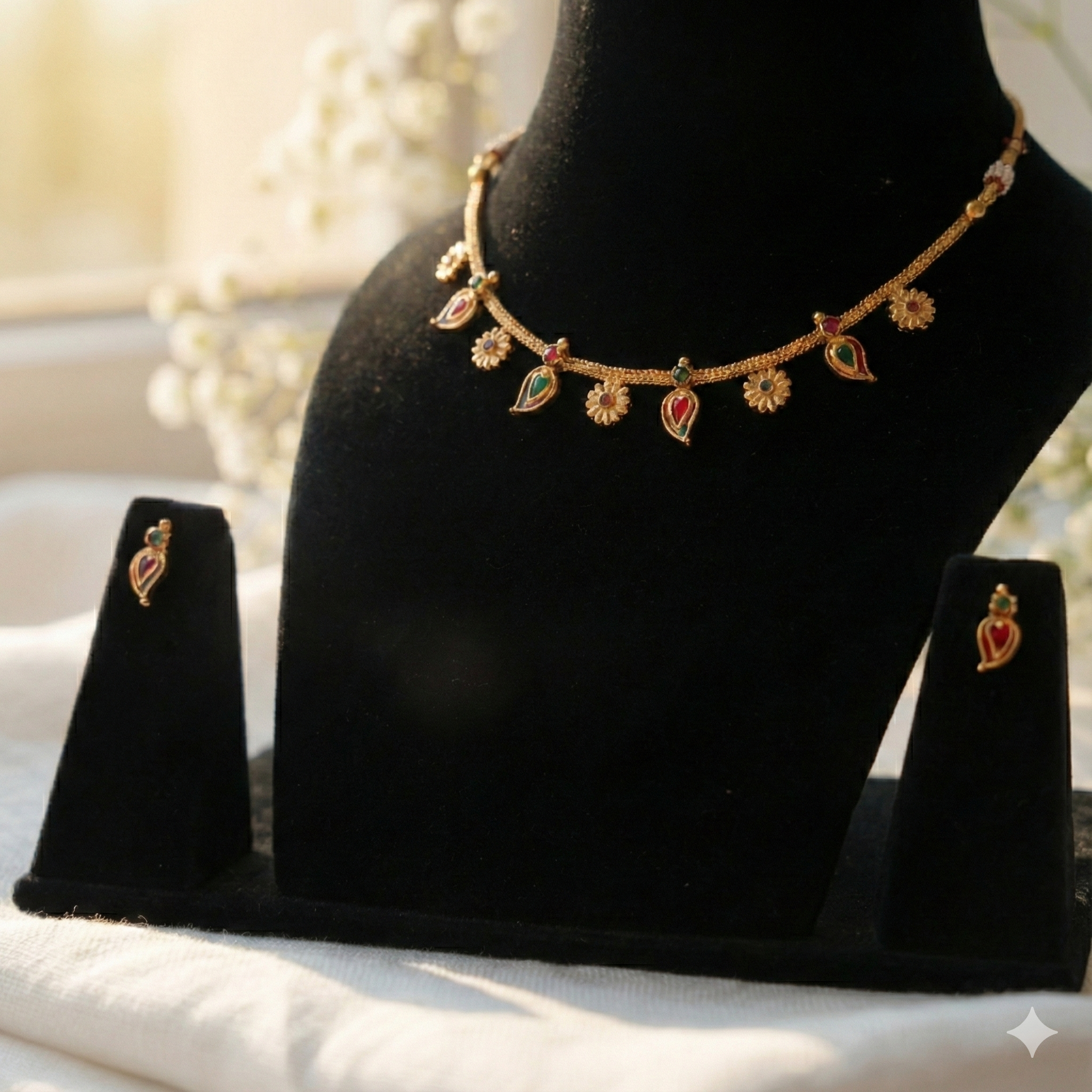 Premium 100% Copper Necklace Set with Floral & Paisley Charms | Red & Green Stones