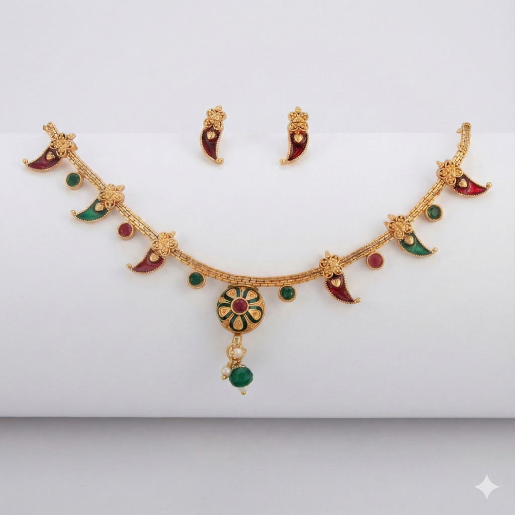 Premium 100% Copper Necklace Set with Curved Paisley Charms | Red & Green