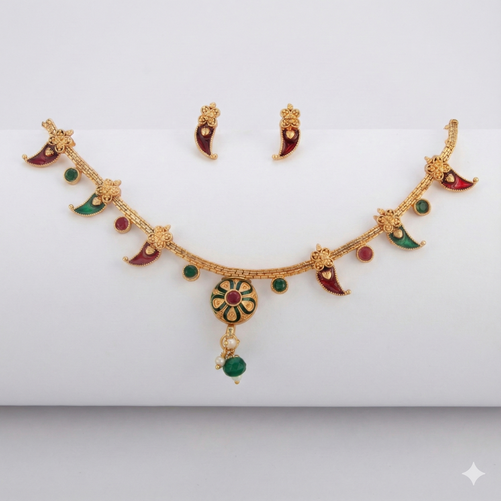 Premium 100% Copper Necklace Set with Curved Paisley Charms | Red & Green