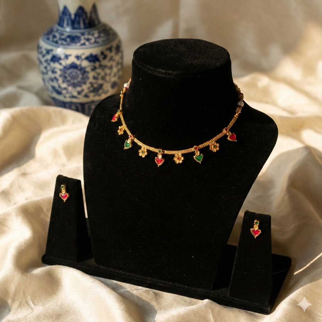 Premium 100% Copper Necklace Set with Heart & Floral Charms | Red & Green Stones