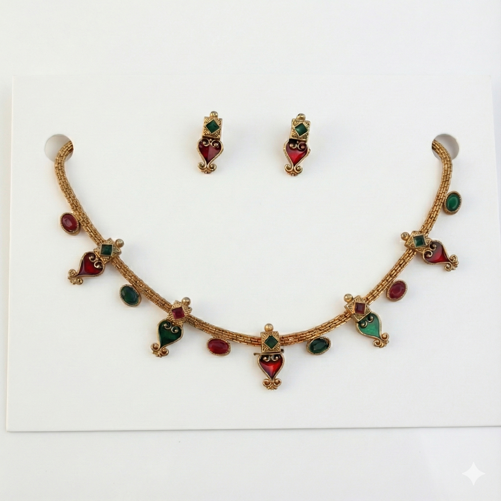 Premium 100% Copper Necklace Set with Red & Green Stones | Gold Plated Adjustable Jewellery
