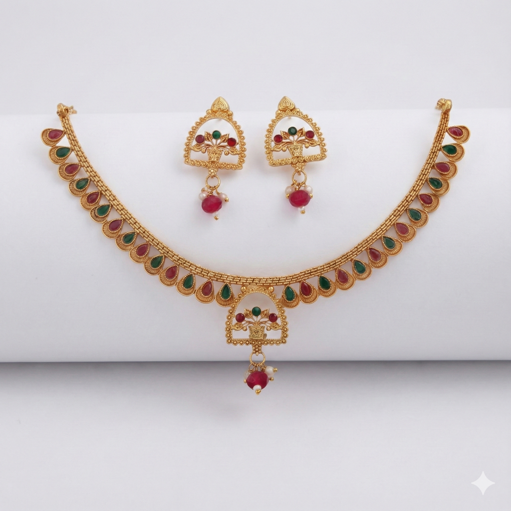 Premium 100% Copper Necklace Set with Teardrop Stones & Basket Pendant | Red & Green