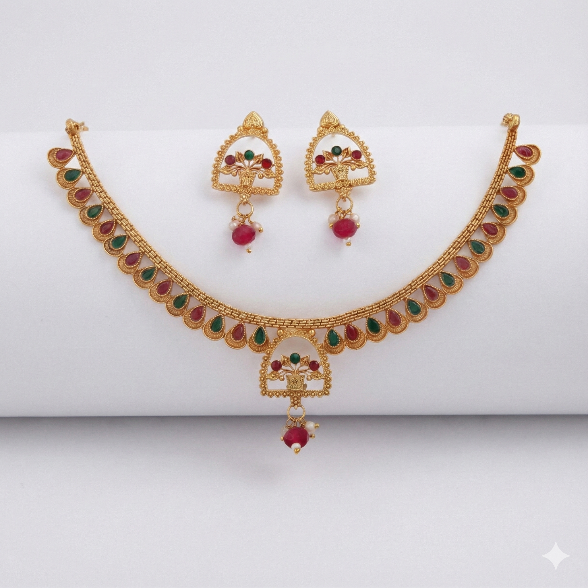 Premium 100% Copper Necklace Set with Teardrop Stones & Basket Pendant | Red & Green