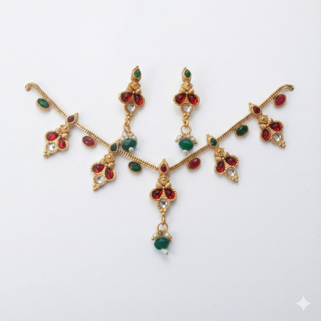 Premium 100% Copper Necklace Set with Floral Charms & Green Beads | Red & Green Stones