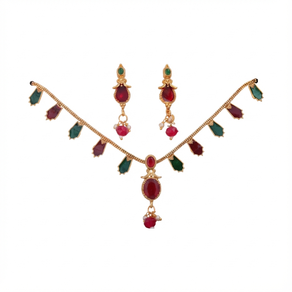 Premium 100% Copper Necklace Set with Geometric Charms & Oval Pendant | Red & Green