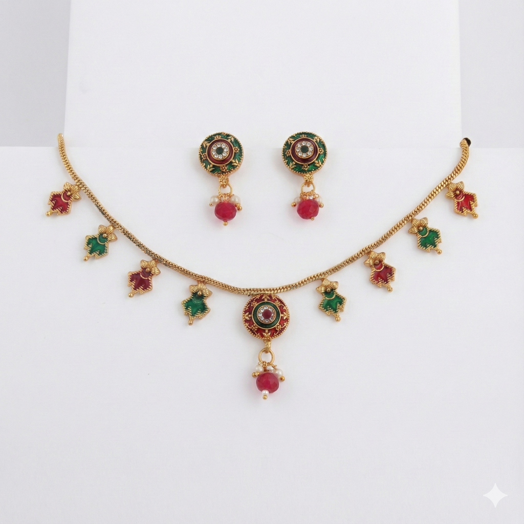 Premium 100% Copper Necklace Set with Circular Pendant & Leaf Charms | Red & Green