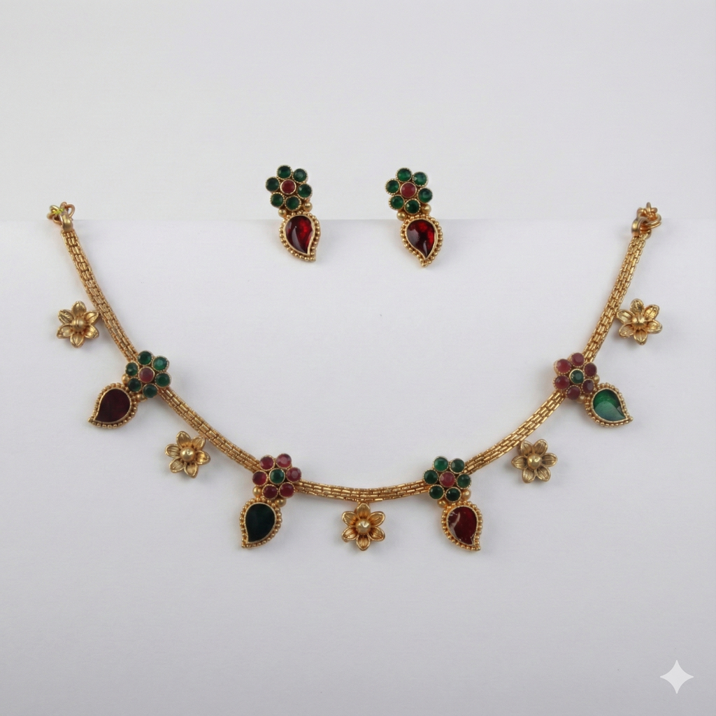 Premium 100% Copper Floral Necklace Set with Red & Green Stones | Gold Plated Jewellery