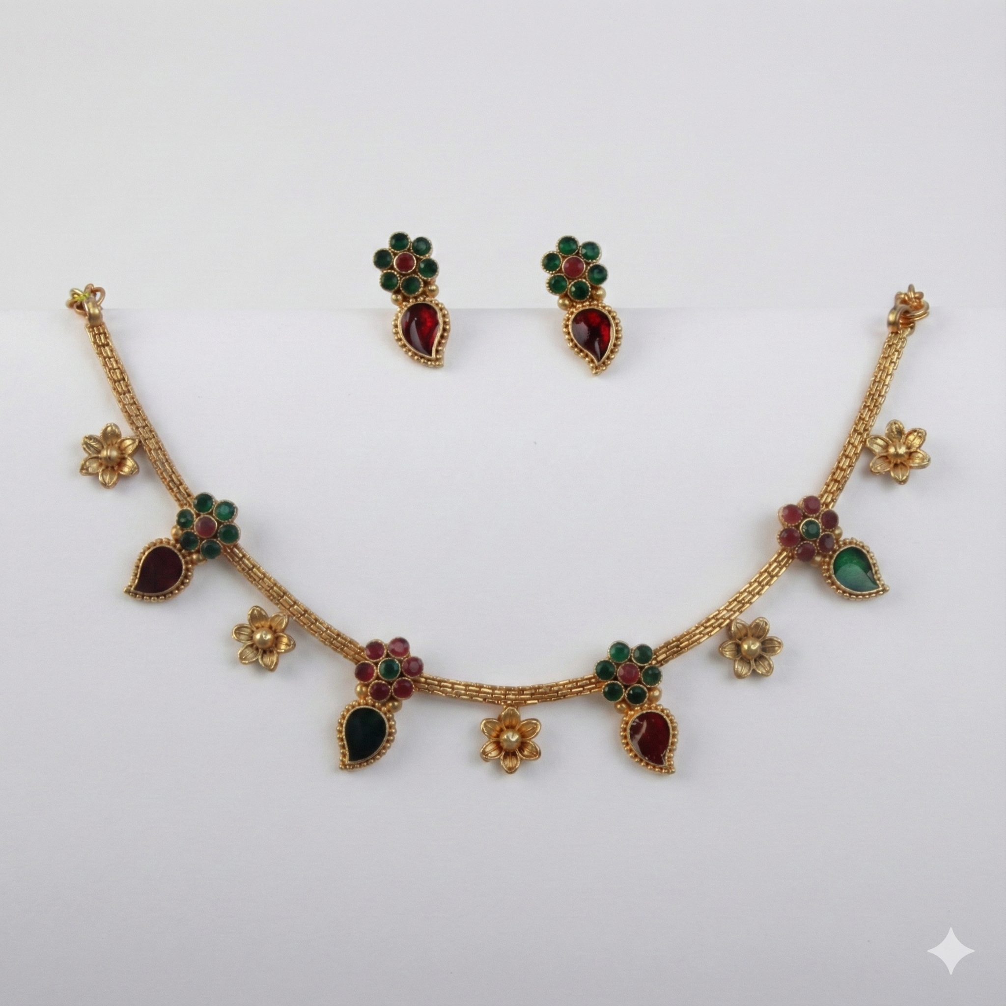 Premium 100% Copper Floral Necklace Set with Red & Green Stones | Gold Plated Jewellery