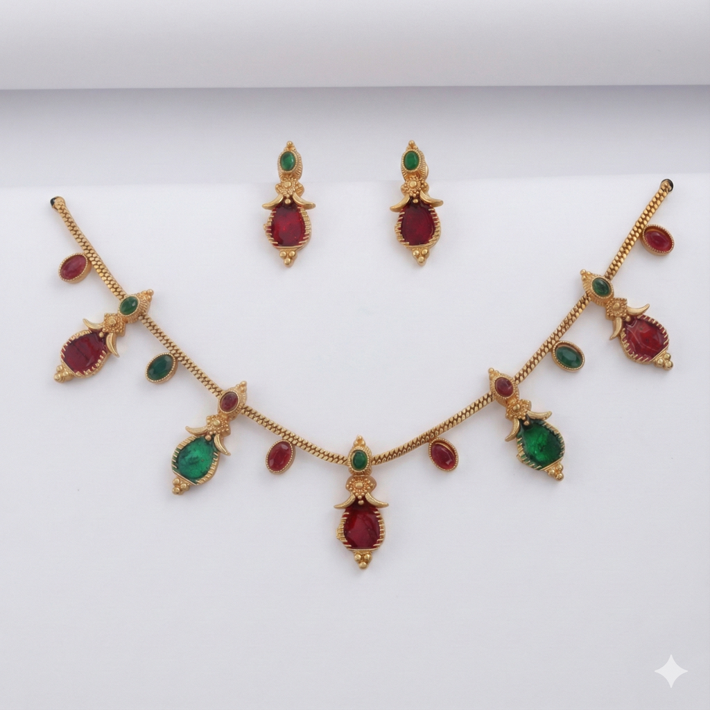 Premium 100% Copper Necklace Set with Teardrop Charms | Red & Green Stones