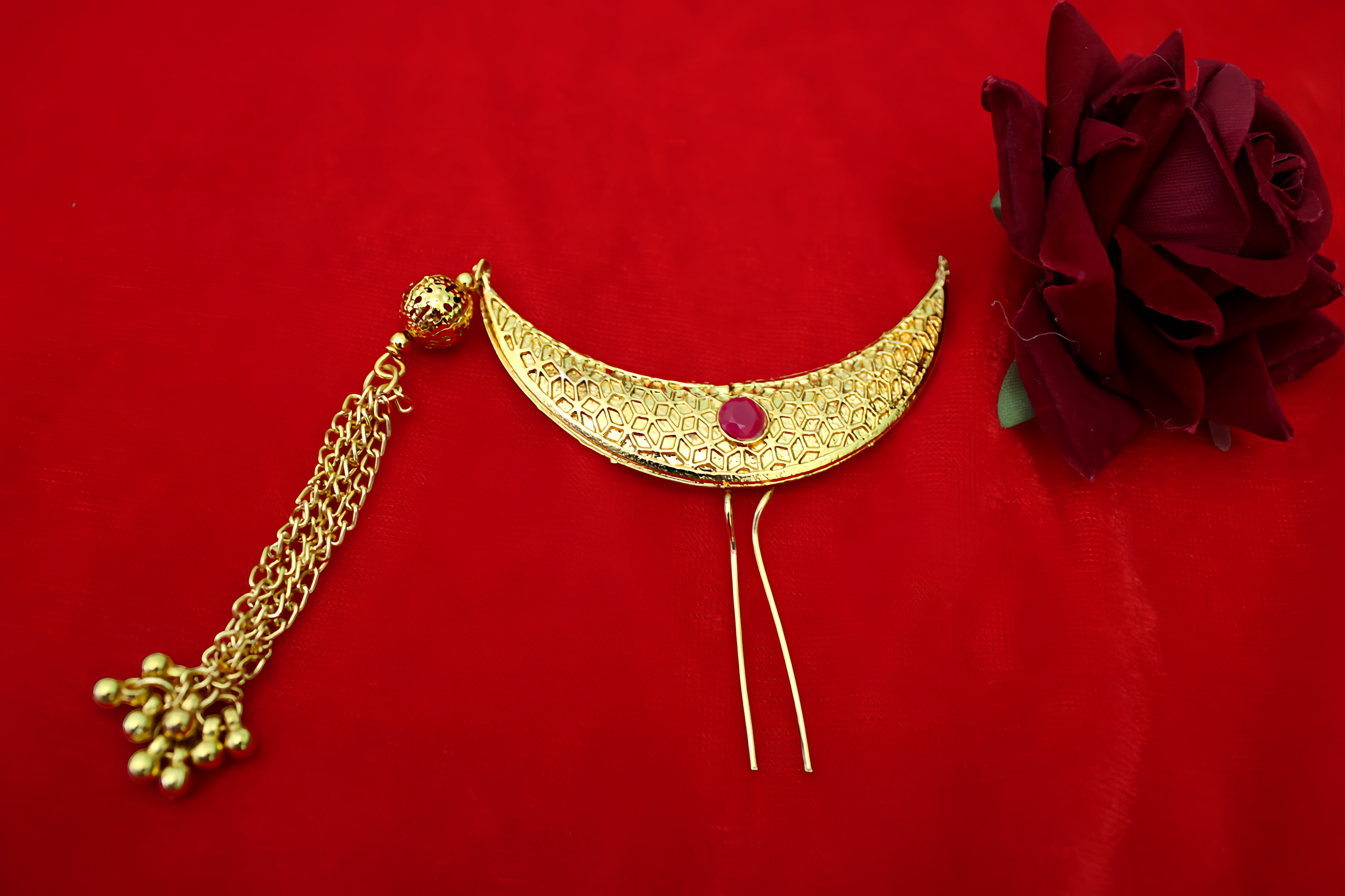 Designer Crescent Golden Khopa with Chain & Beads | Hair Accessory