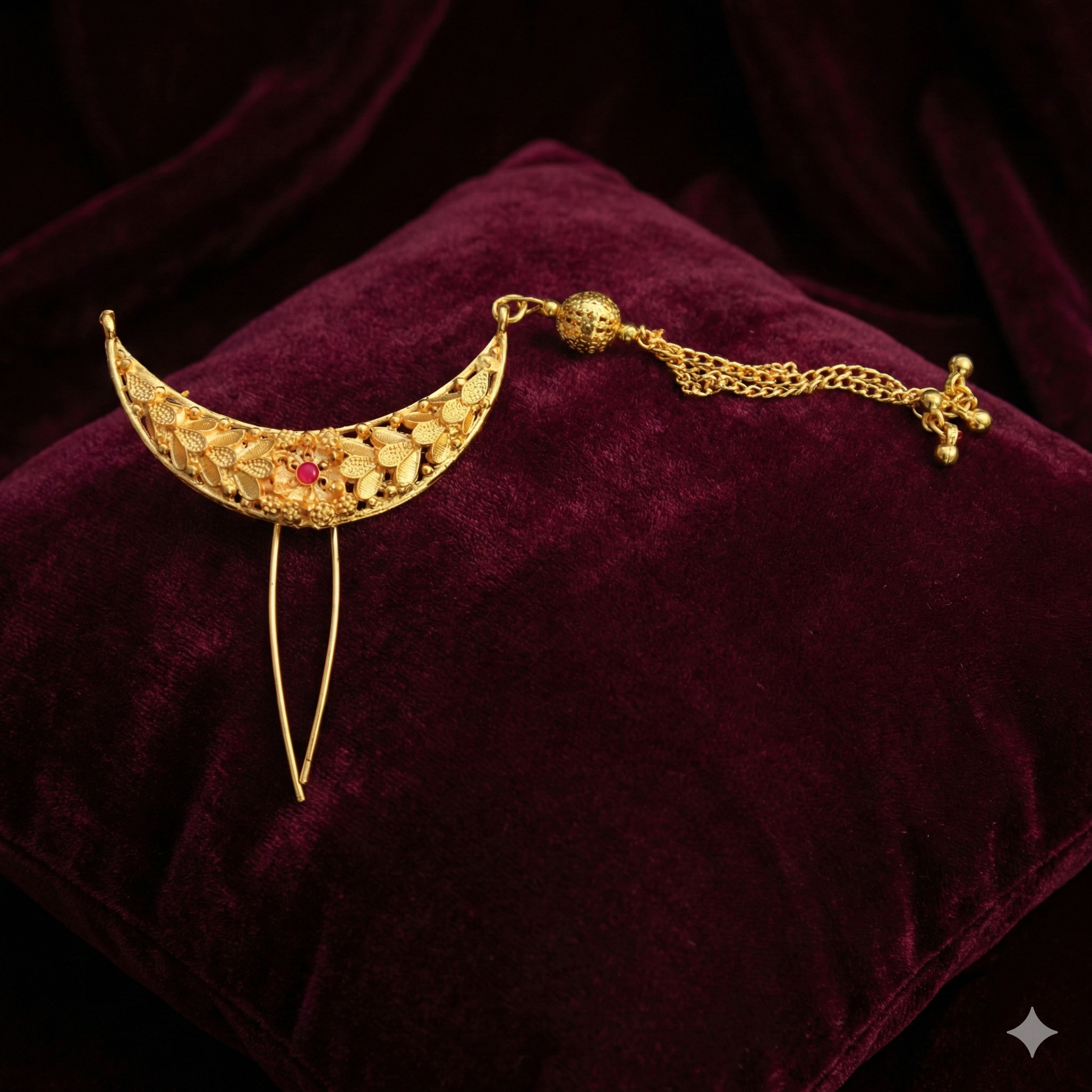 Minimalist Crescent Golden Khopa with Jhumka Chain | Hair Accessory