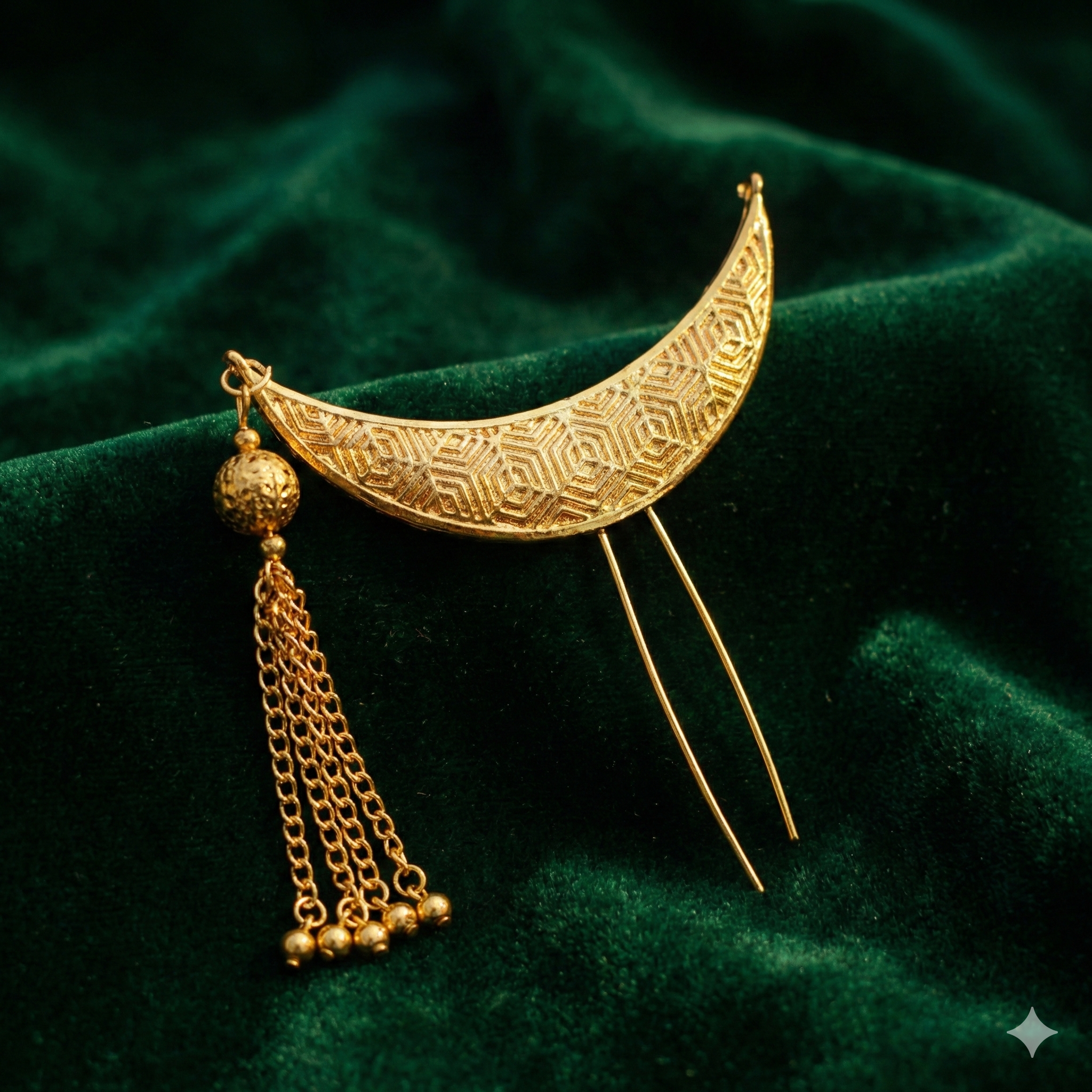 Minimalist Crescent Golden Khopa with Jhumka Chain | Hair Accessory