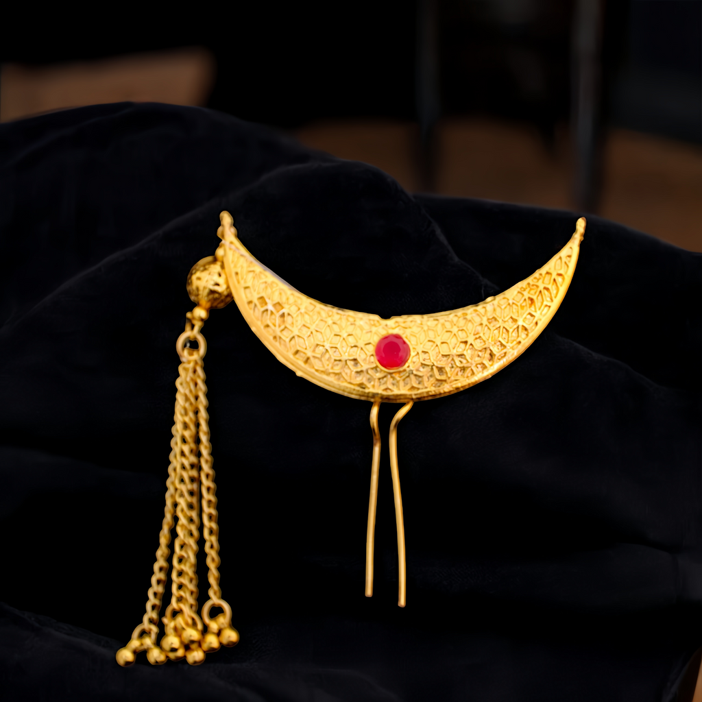 Designer Crescent Golden Khopa with Chain & Beads | Hair Accessory