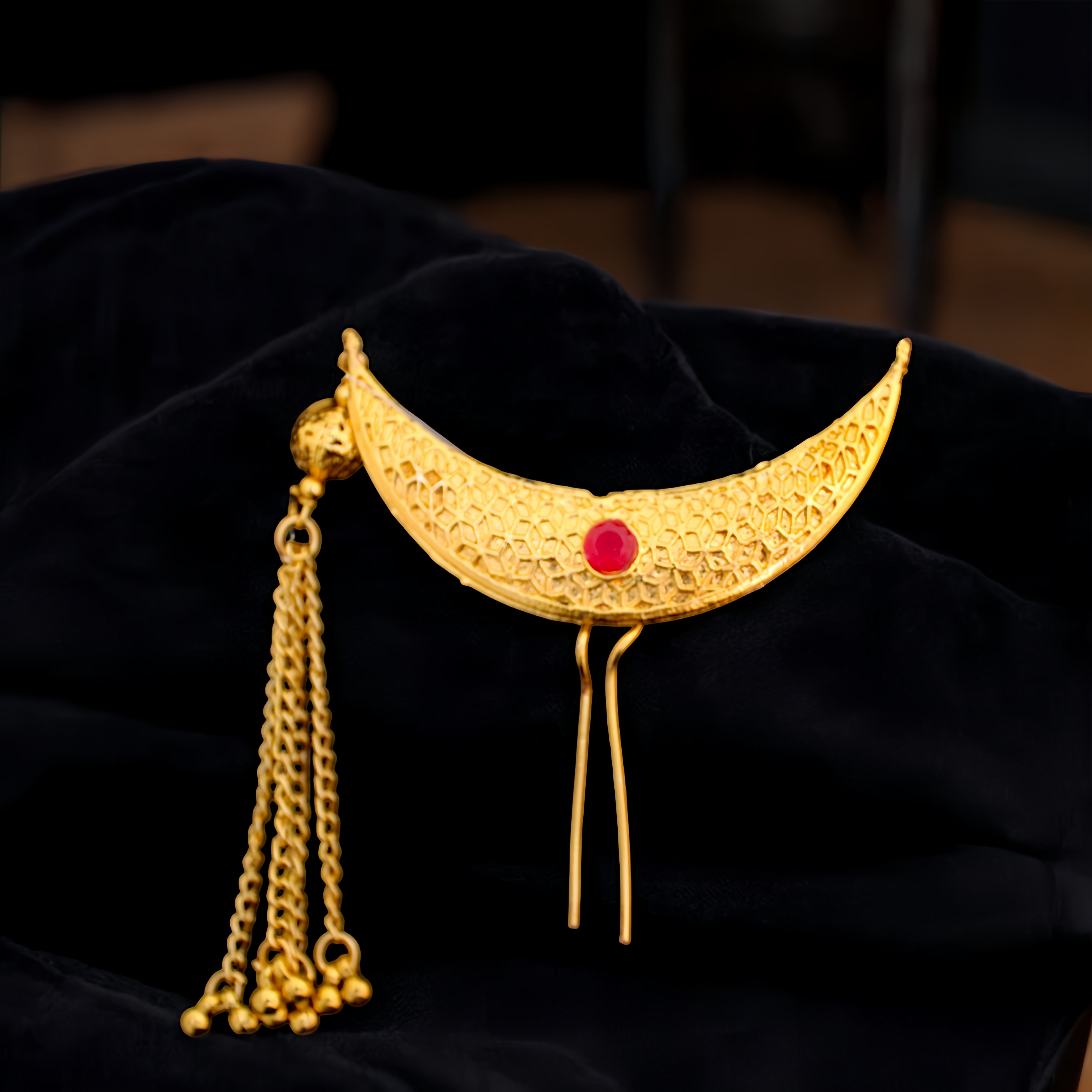 Designer Crescent Golden Khopa with Chain & Beads | Hair Accessory