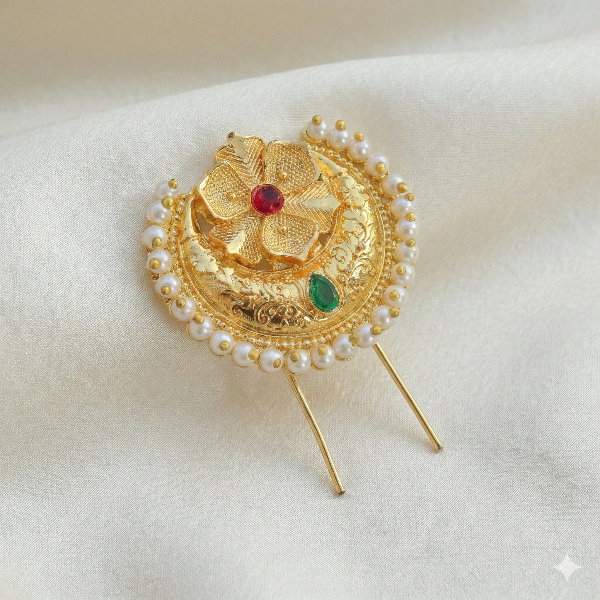 Classic Floral Golden Khopa with Stones | Traditional Hair Pin Jewelry