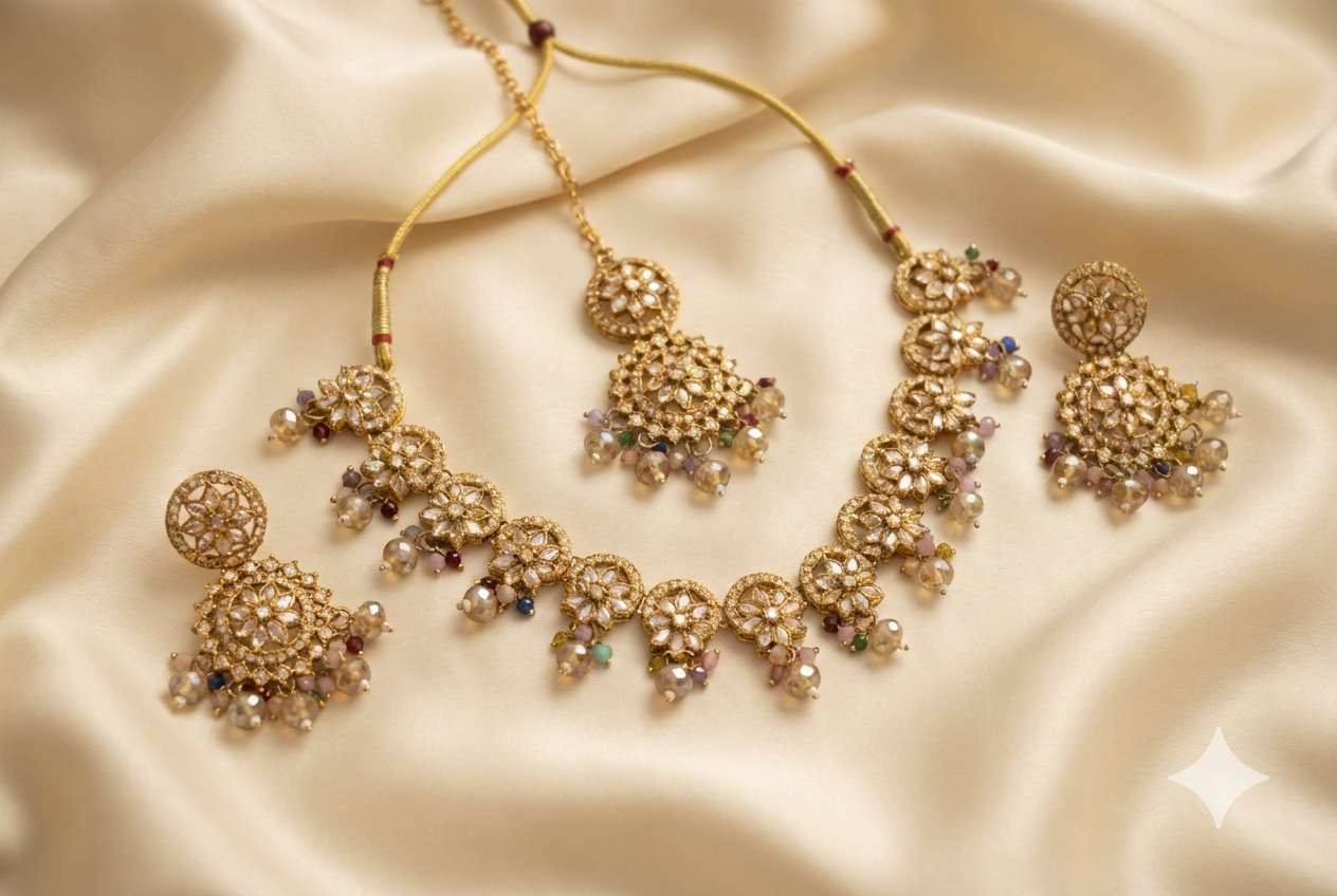 Kundan Floral Necklace Set with Earrings & Maang Tikka | Beige Stone Imitation Jewellery