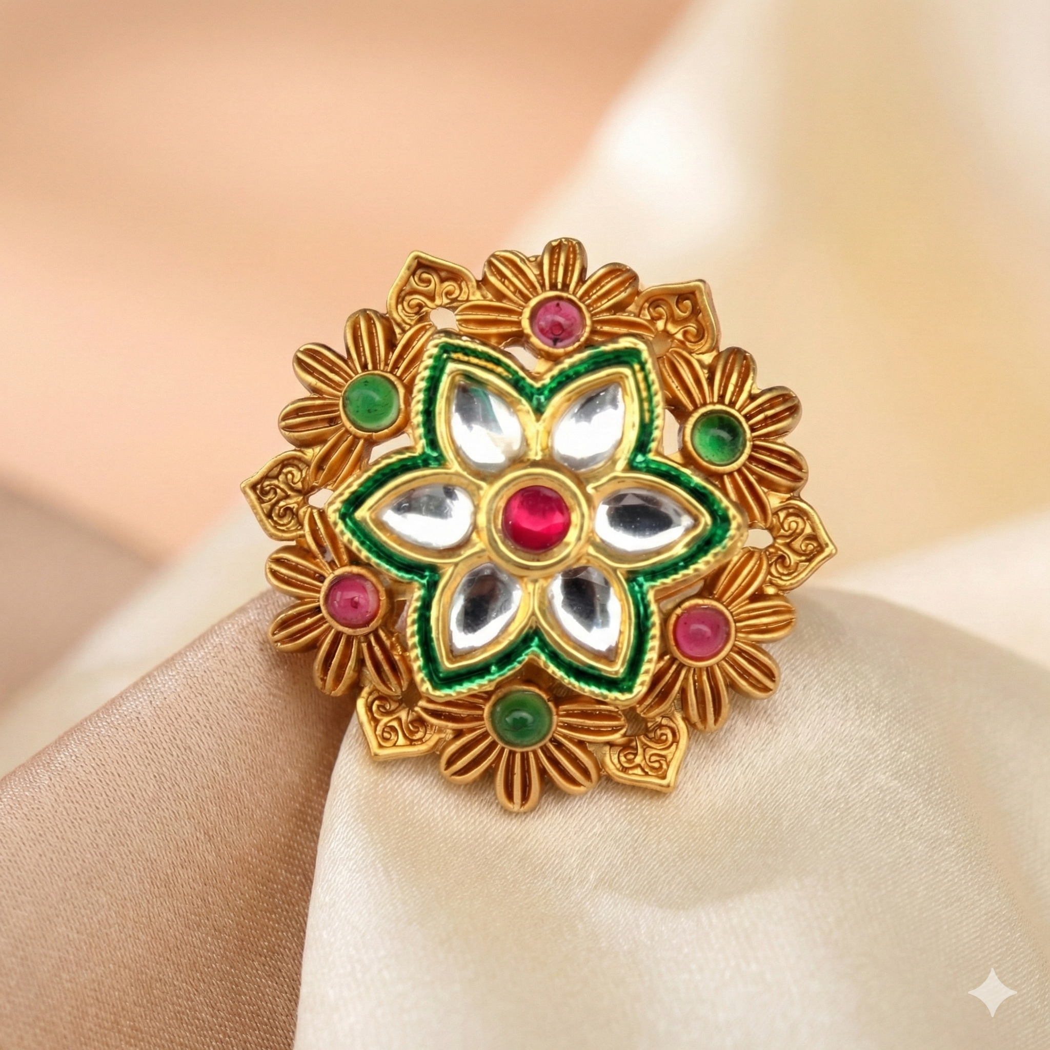 Gold Plated Kundan Ring - Adjustable Traditional Ring with Multicolor Stones and Green Enamel