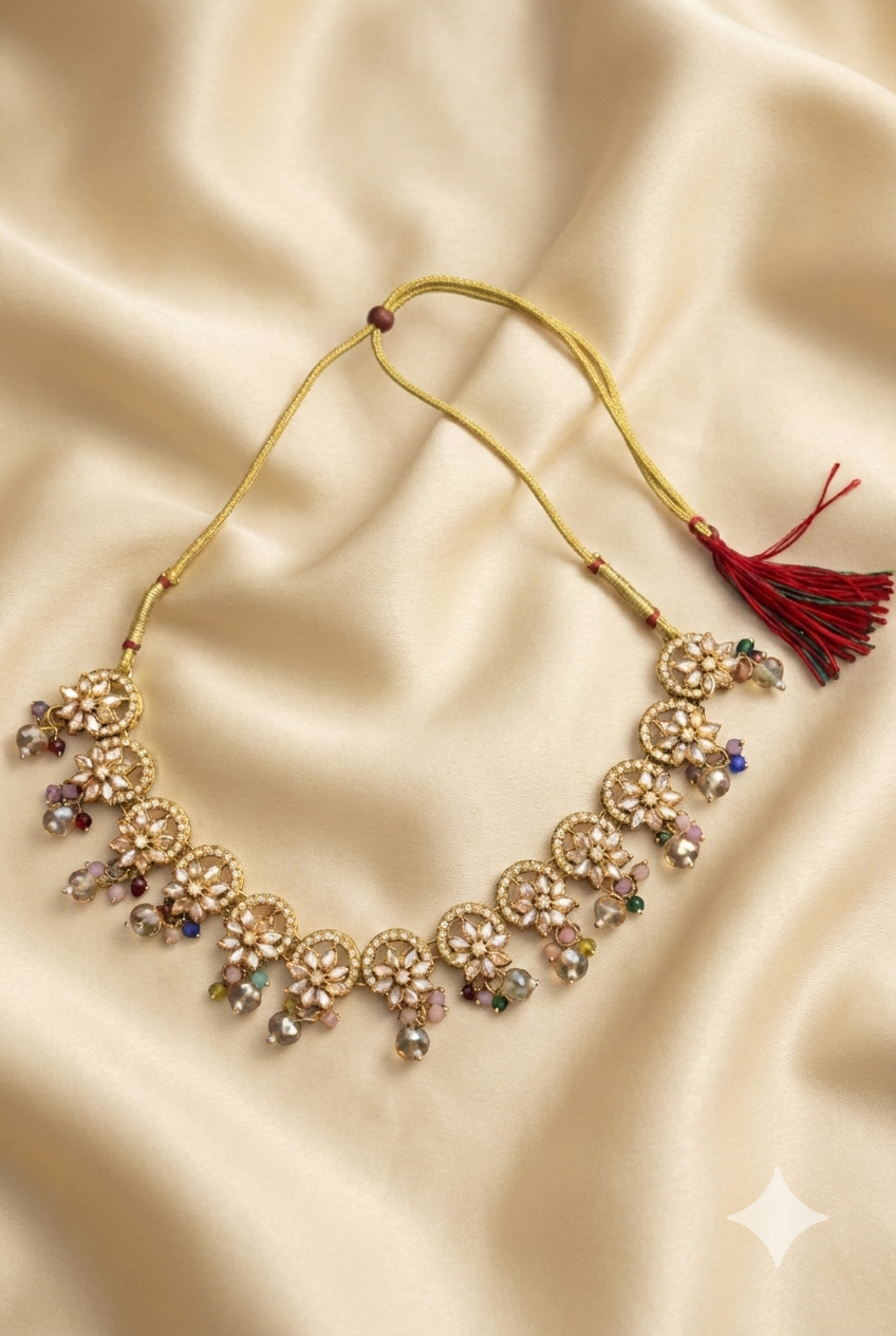 Kundan Floral Necklace Set with Earrings & Maang Tikka | Beige Stone Imitation Jewellery