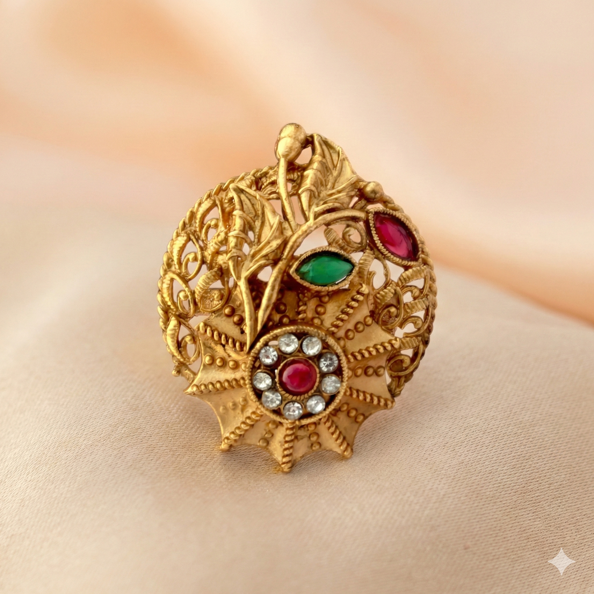 Adjustable Golden Statement Ring | Traditional Filigree Design with Gemstones