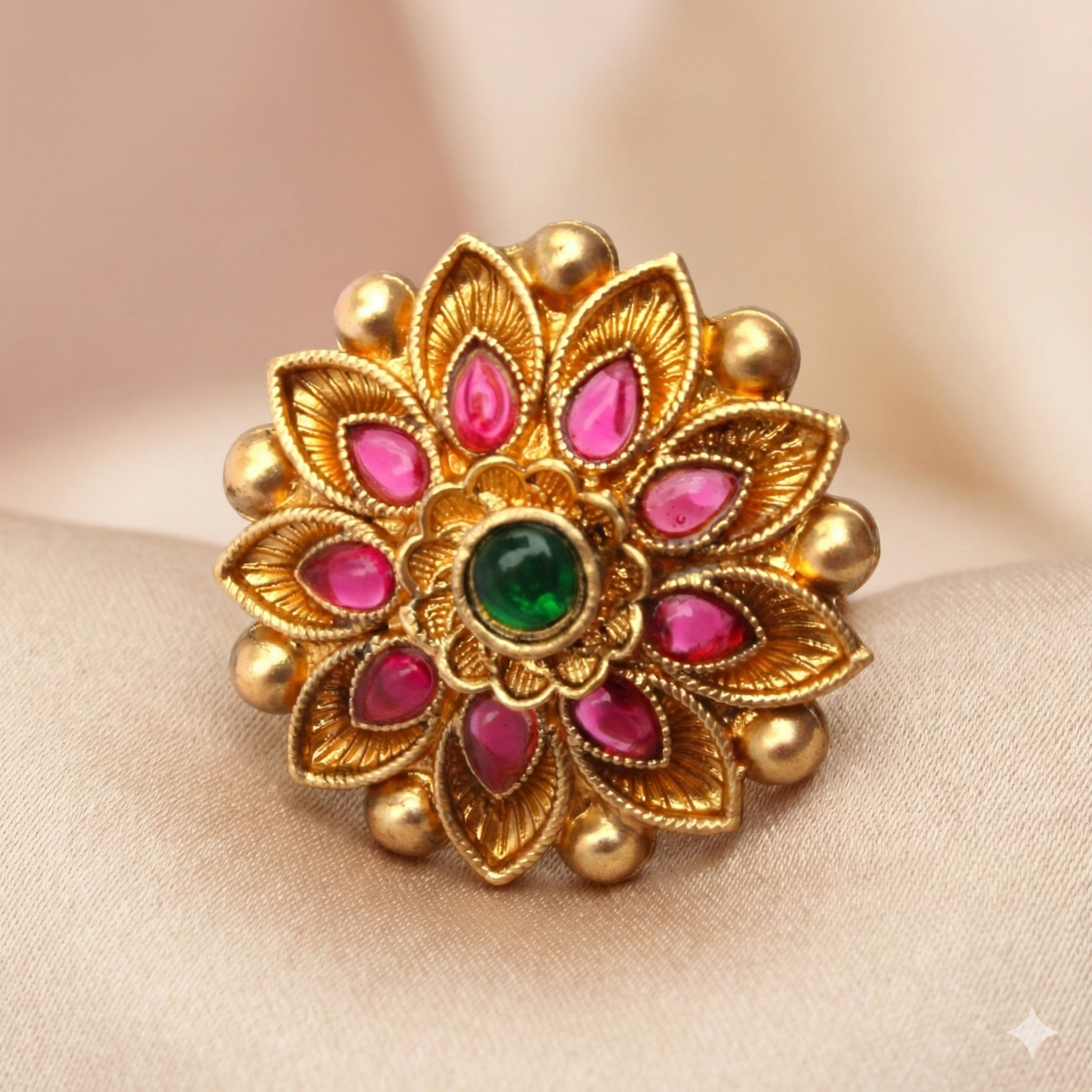 Gold Plated Floral Ring - Adjustable Traditional Ring with Pink Stones and Pearl Accents