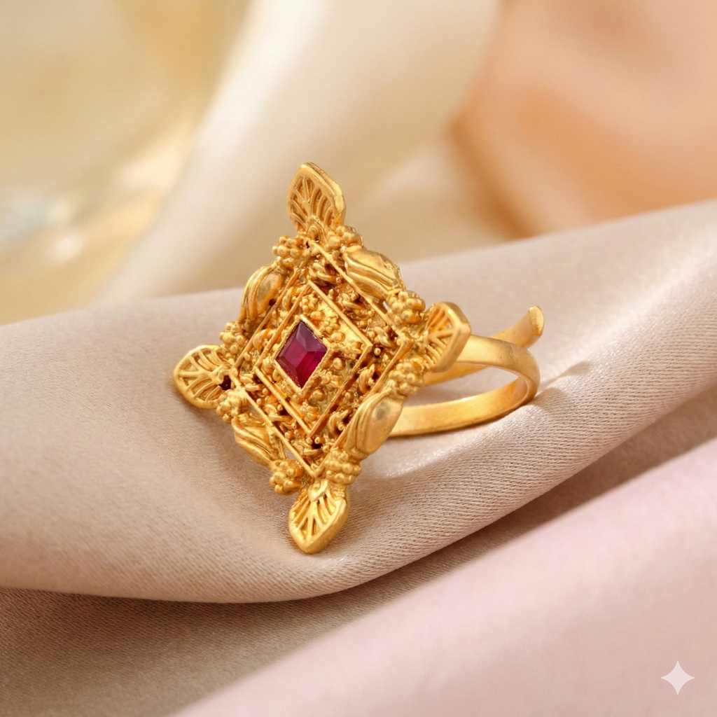 Premium Gold Plated Geometric Square Finger Ring | Red Stone Adjustable Ring