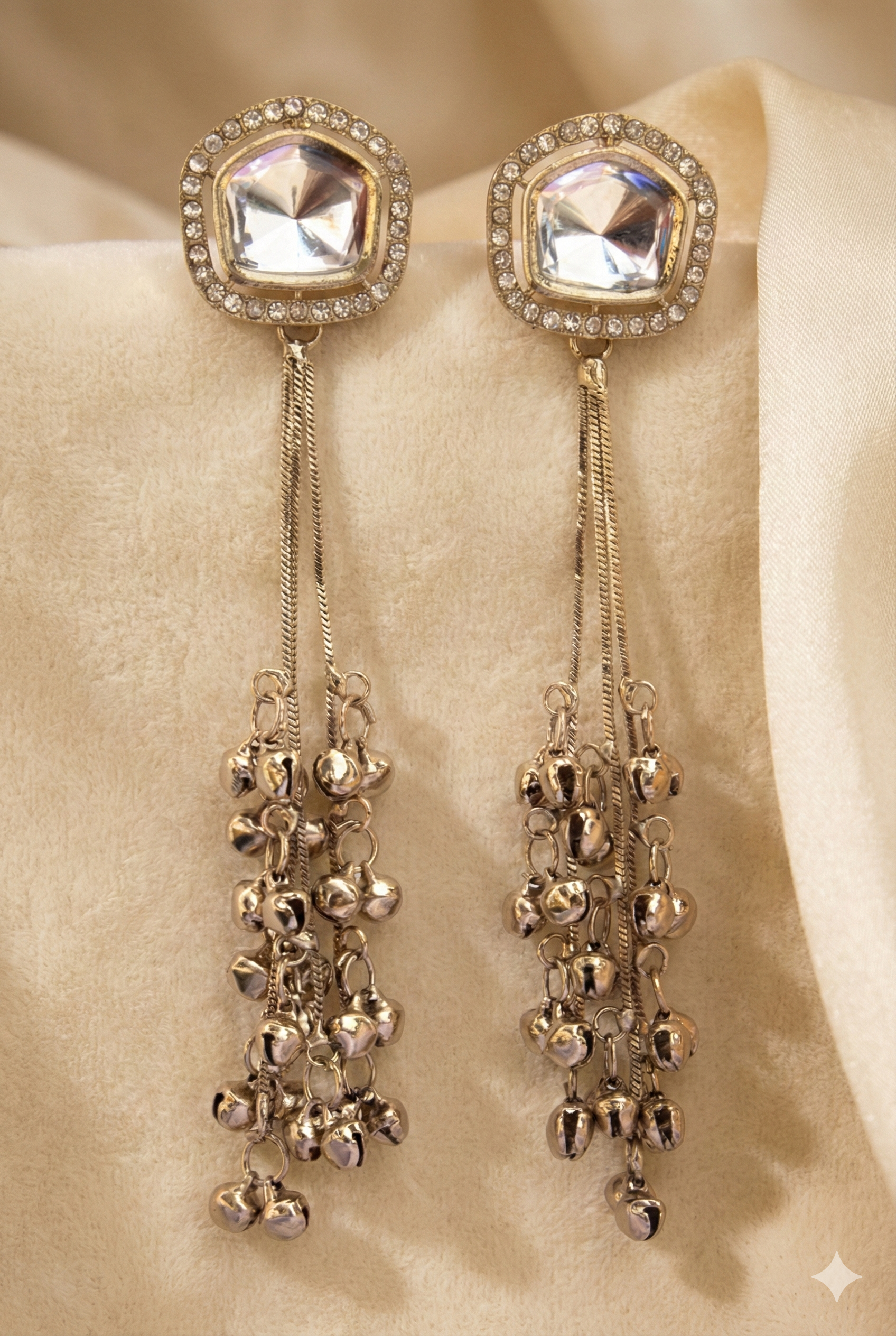 Kashmiri Cushion Crystal Earrings - Golden Imitation Jewelry with Long Ghungroo Chains