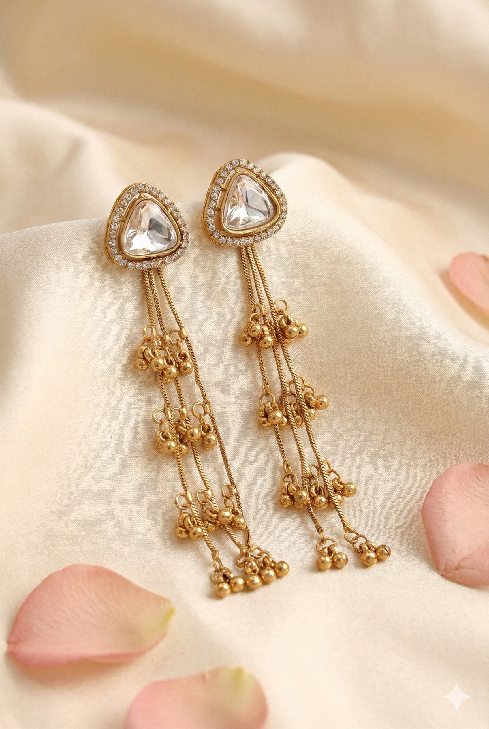 Kashmiri Triangle Crystal Earrings - Golden Imitation Jewelry with Long Ghungroo Chains