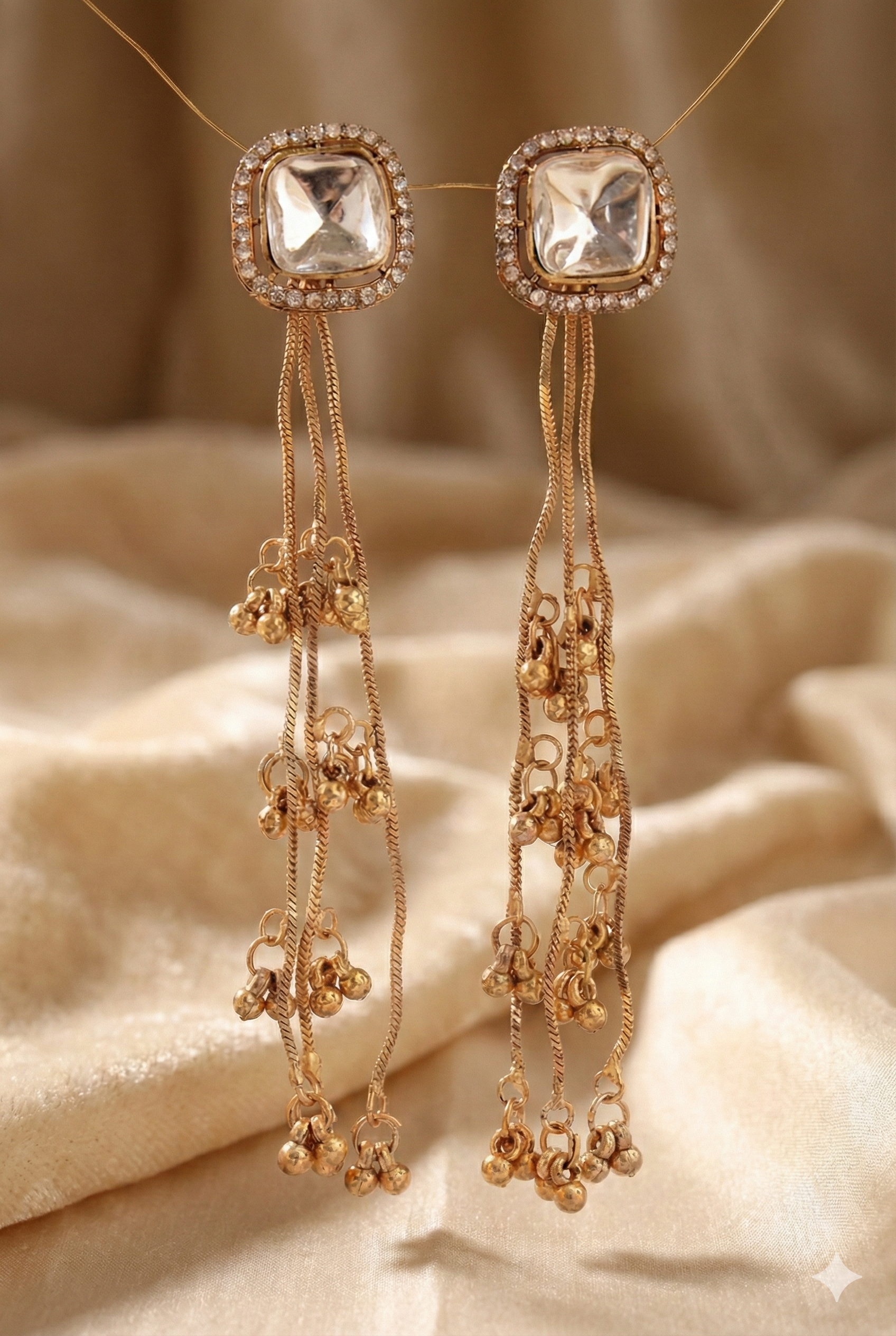 Kashmiri Delicate Chain Crystal Earrings - Golden Imitation Jewelry with Ghungroo