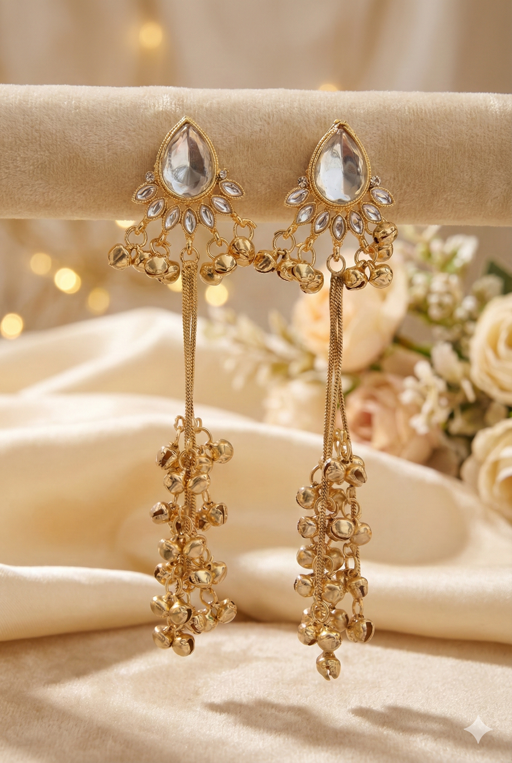 Kashmiri Teardrop Crystal Earrings - Golden Imitation Jewelry with Ghungroo Chains