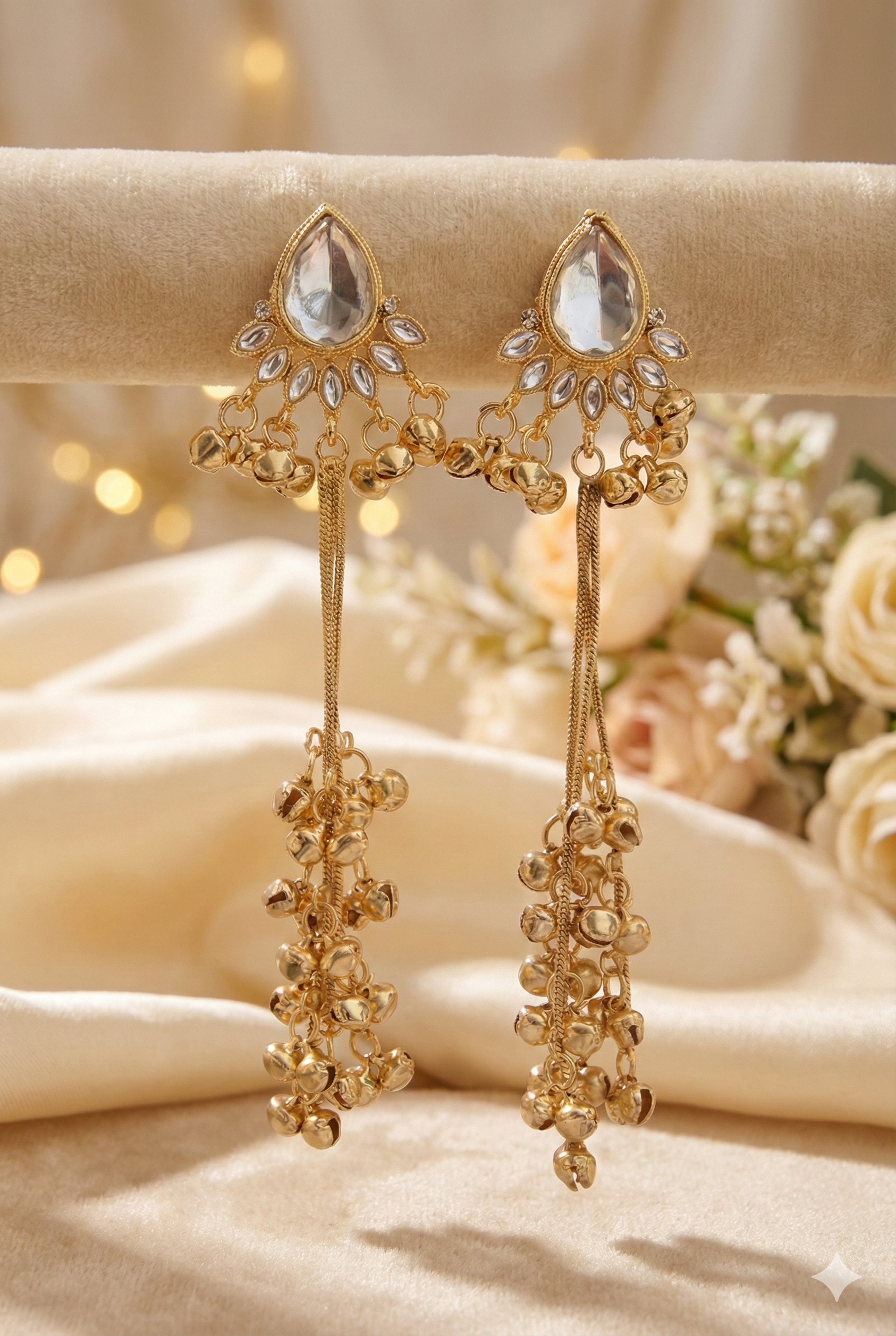 Kashmiri Teardrop Crystal Earrings - Golden Imitation Jewelry with Ghungroo Chains