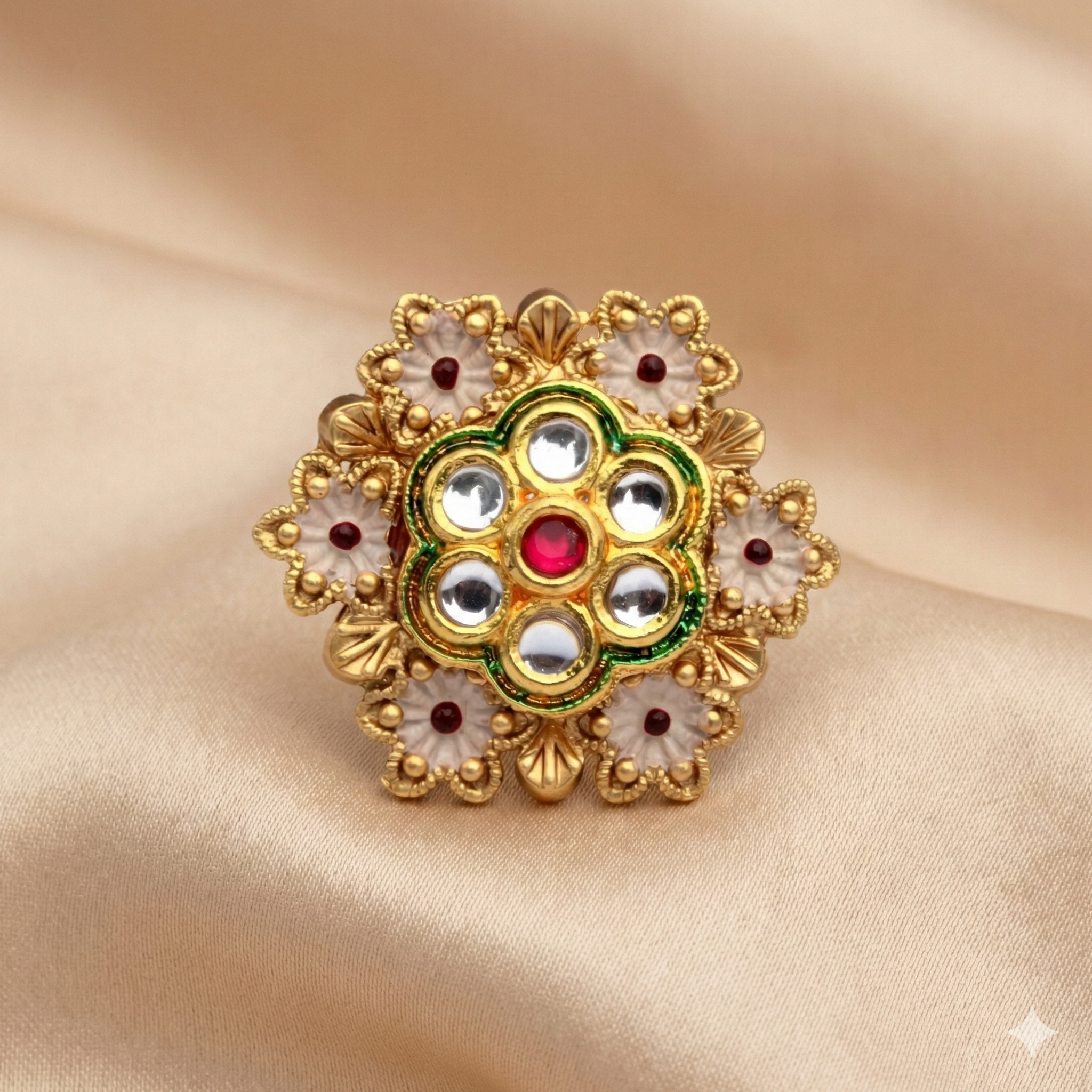 Gold Plated Kundan Ring - Adjustable Traditional Ring with Multicolor Stones and Green Enamel