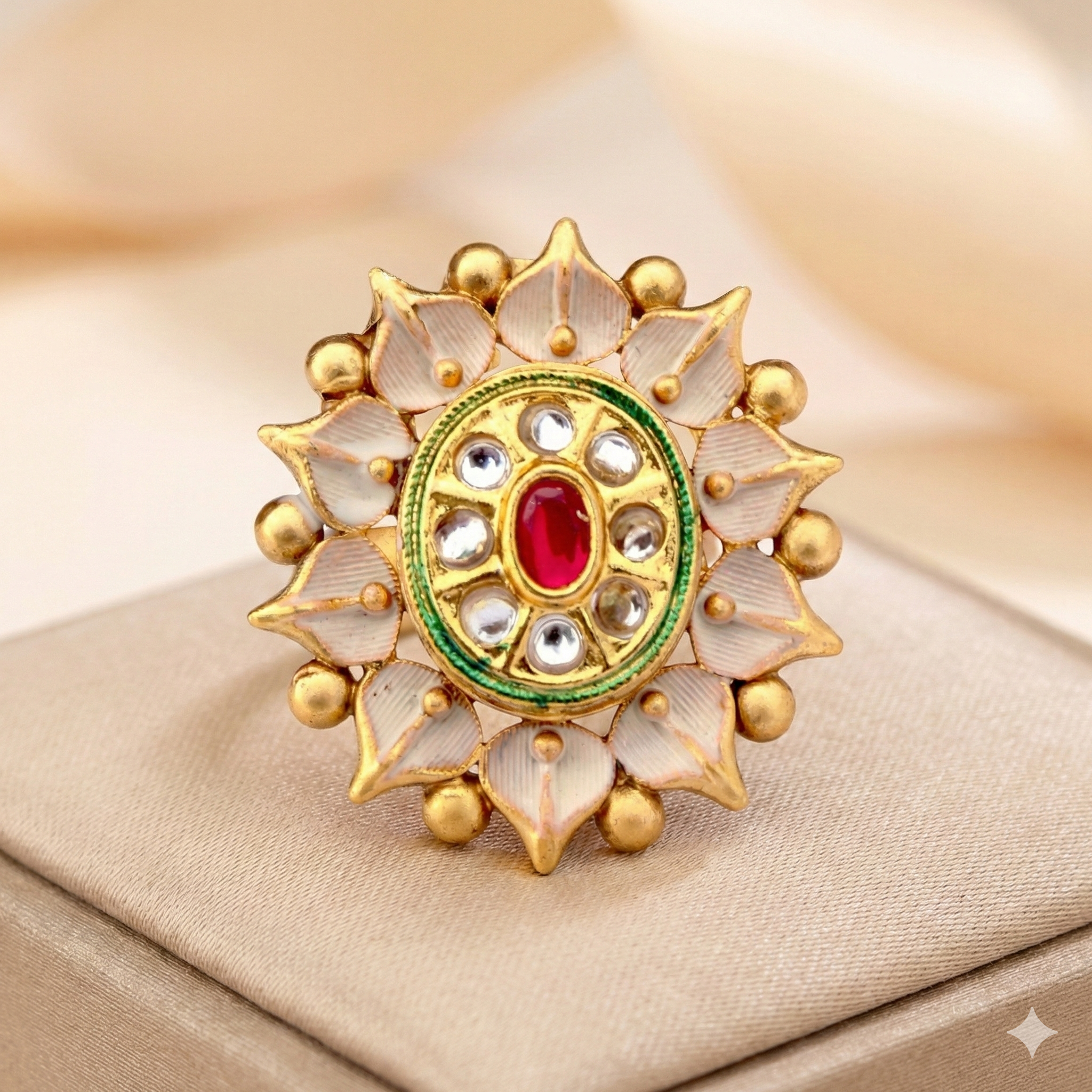 Golden Sunburst Adjustable Ring with Kundan Work - Imitation Jewelry