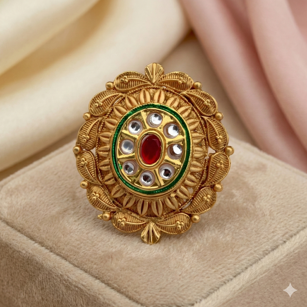 Gold Plated Kundan Ring - Adjustable Traditional Indian Wedding Ring with Red Green Stones