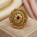Gold Plated Kundan Ring - Adjustable Traditional Indian Wedding Ring with Red Green Stones