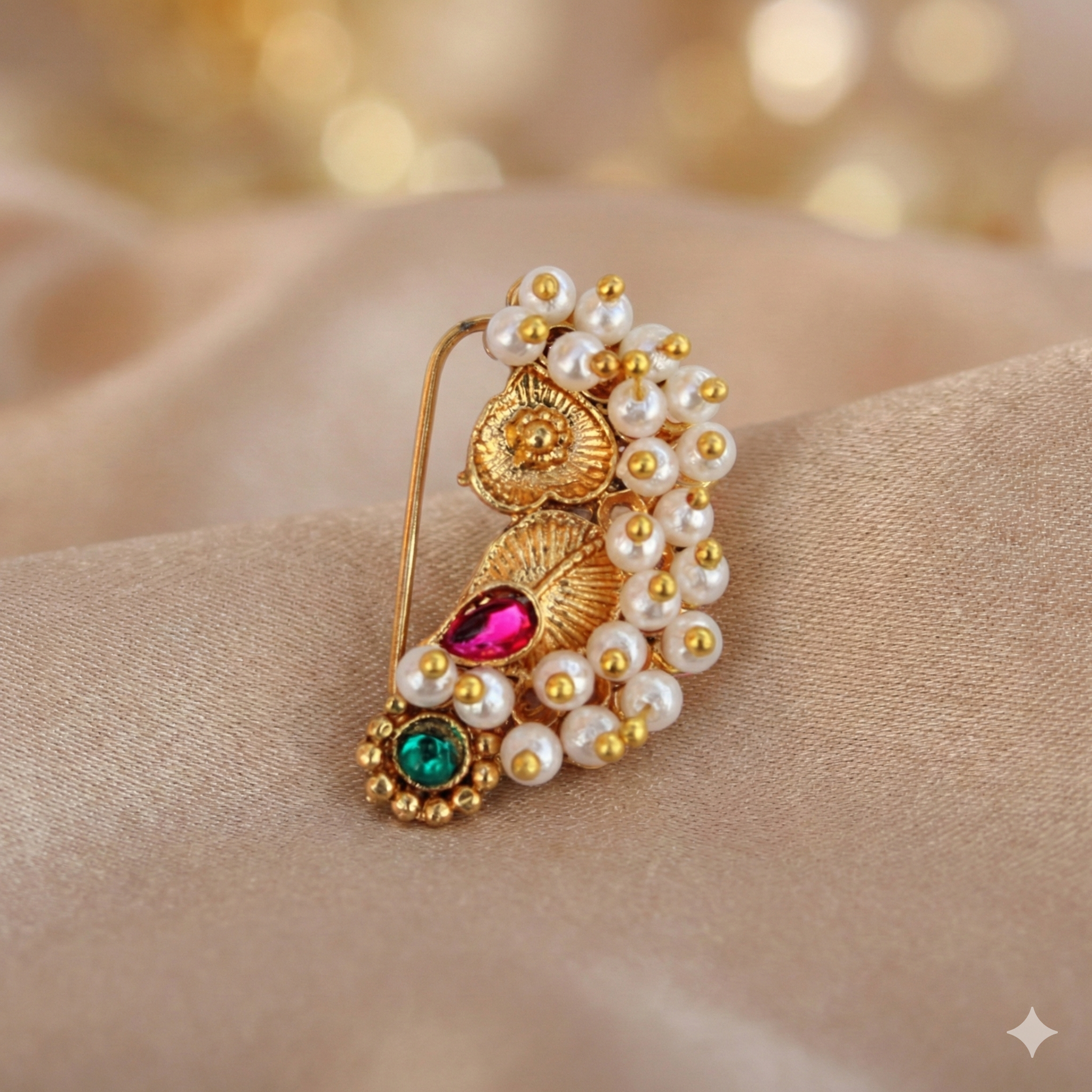 Traditional Maharashtrian Leaf Motif Press Nath | Gold Plated Pearl Clip-On Nose Pin