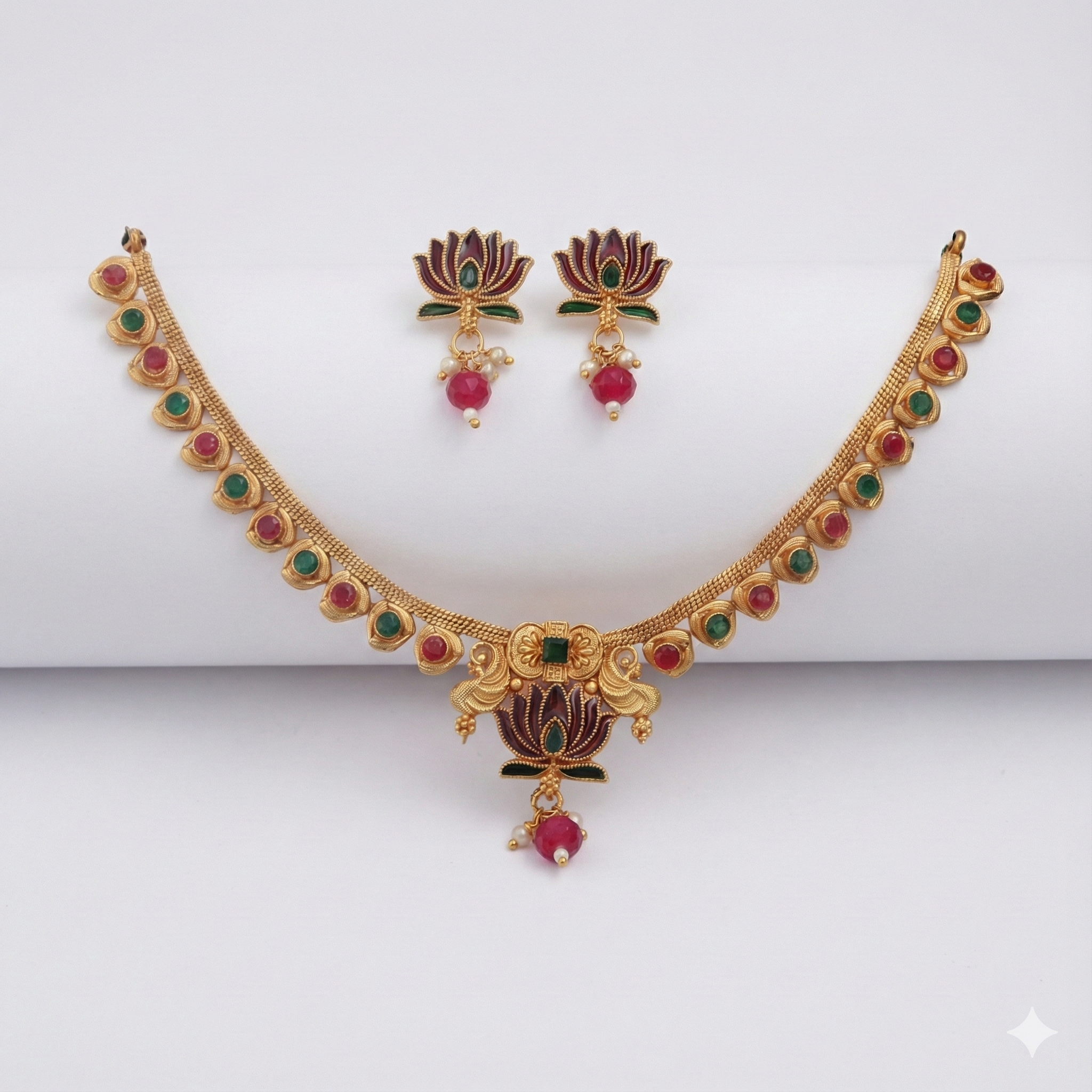 Premium 100% Copper Necklace Set with Lotus Motif | Red & Green Stones
