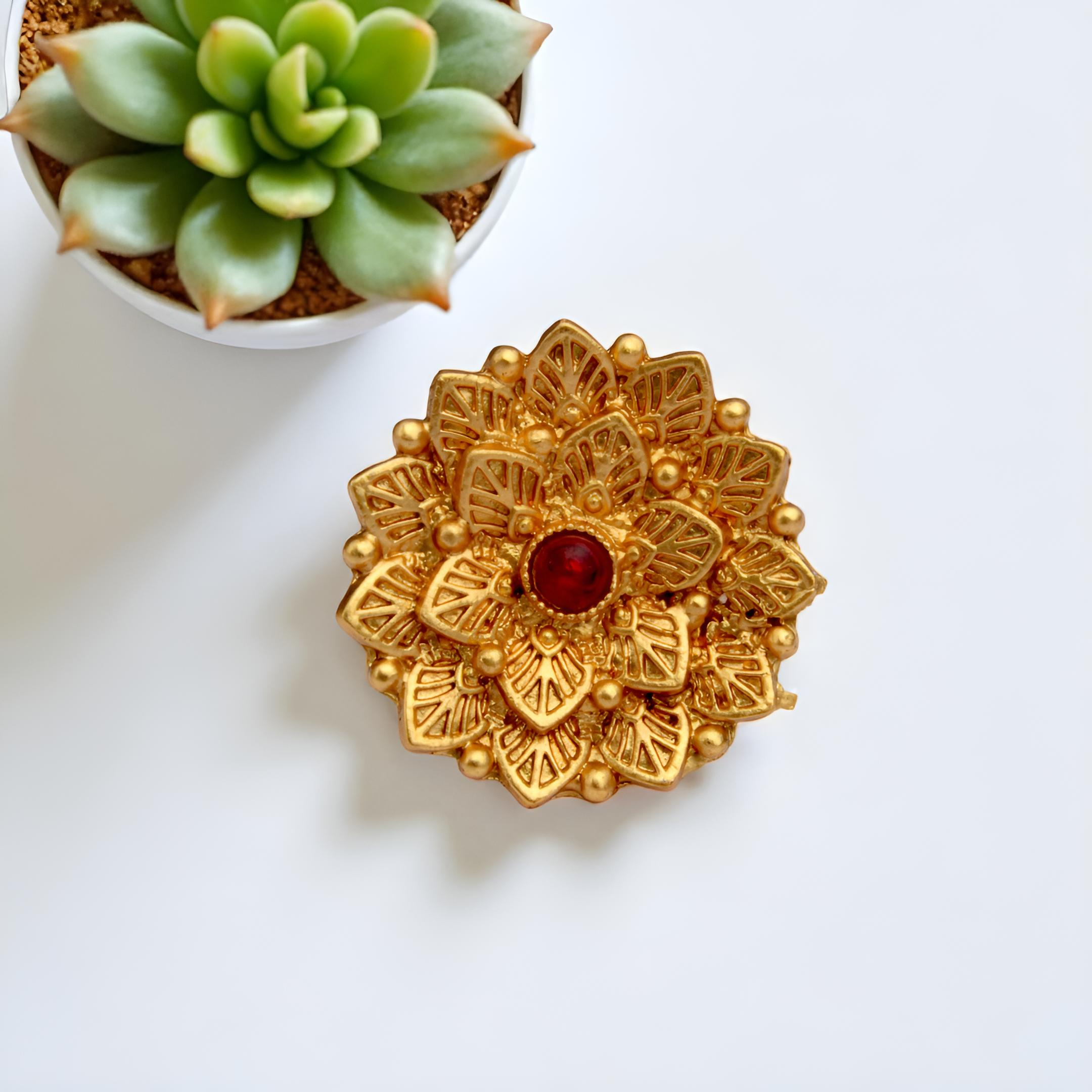 Gold Plated Sunburst Ring - Adjustable Traditional Floral Ring with Red Stone