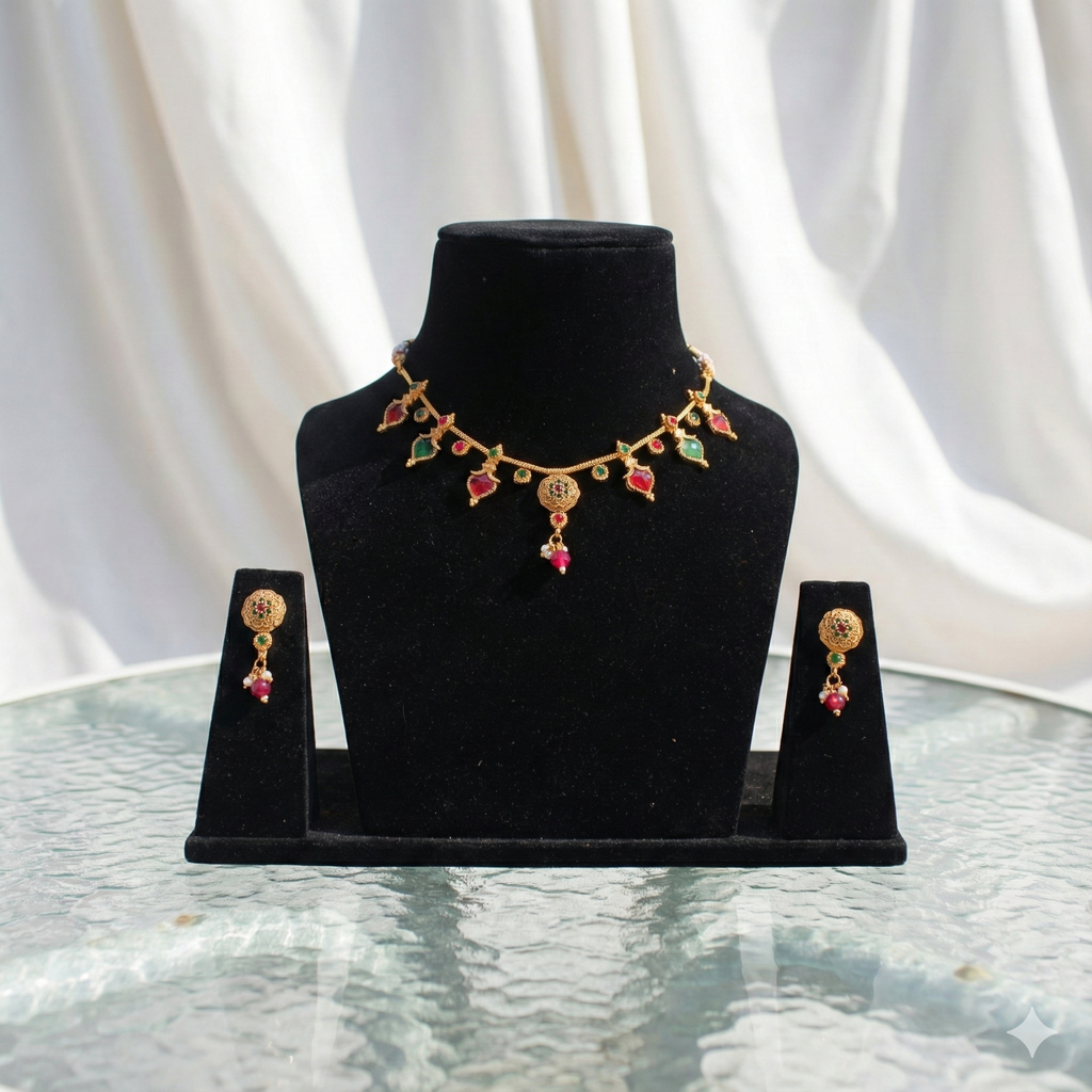 Premium 100% Copper Necklace Set with Floral & Leaf Charms | Red & Green Stones