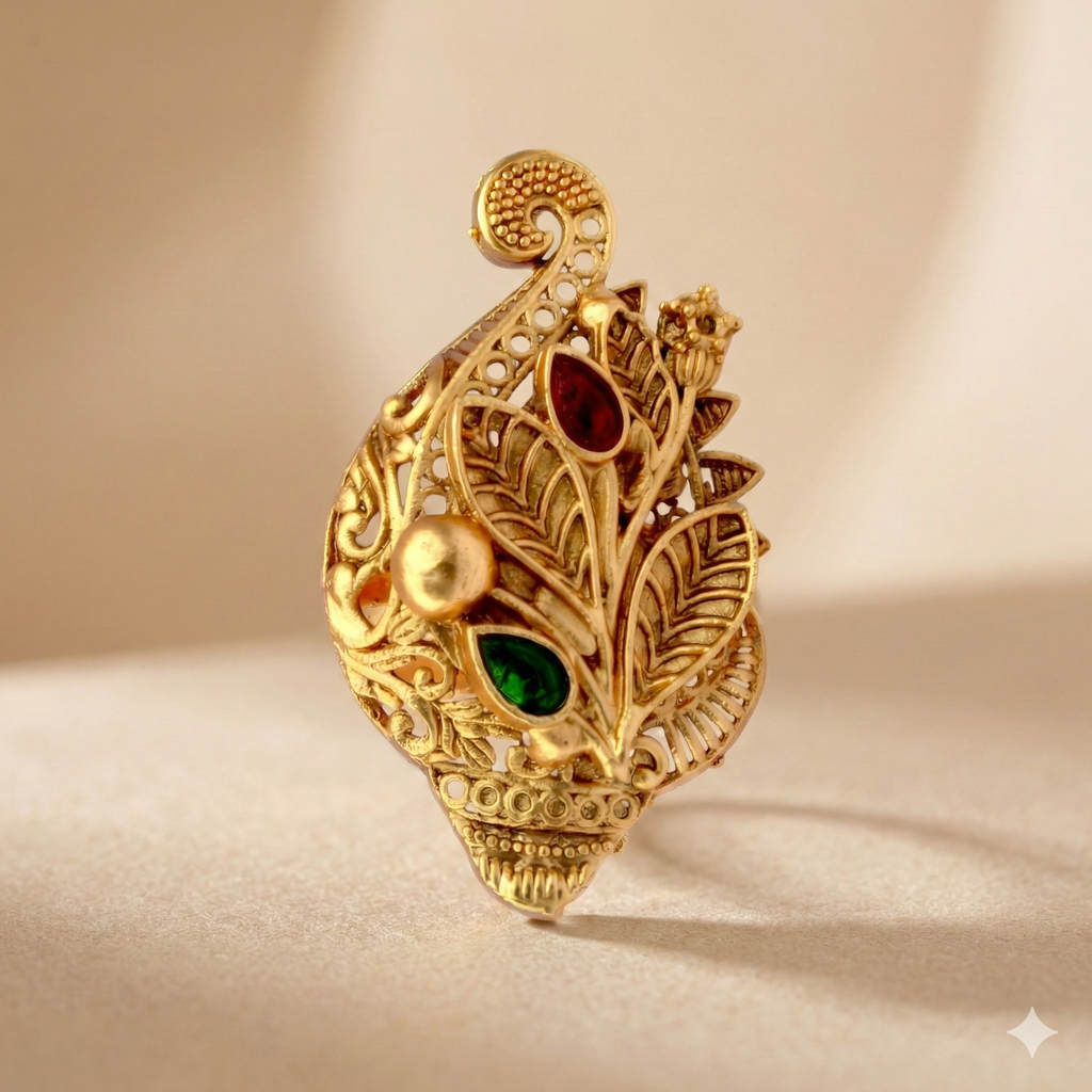 Golden Peacock Leaf Design Adjustable Ring - Imitation Jewelry