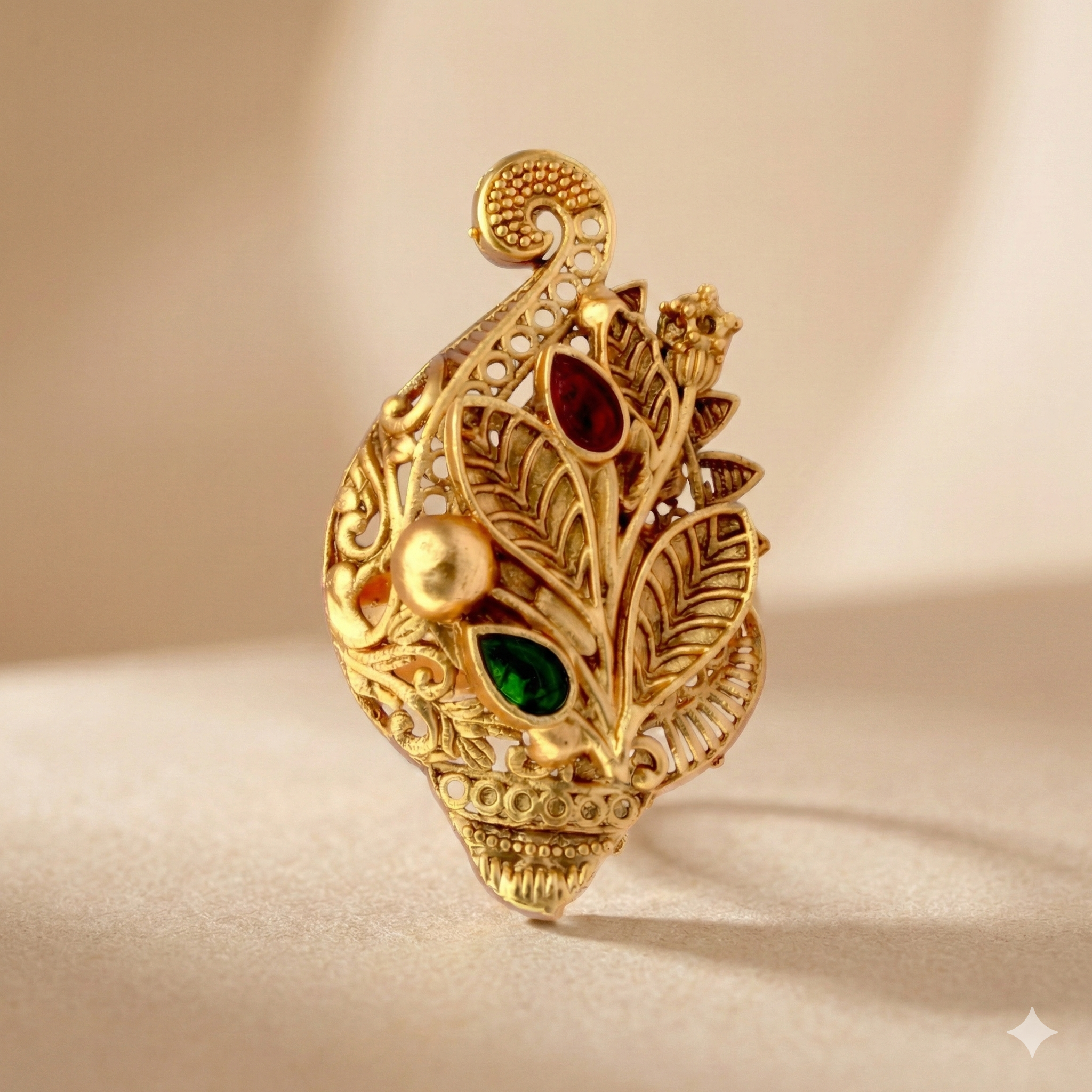 Golden Peacock Leaf Design Adjustable Ring - Imitation Jewelry
